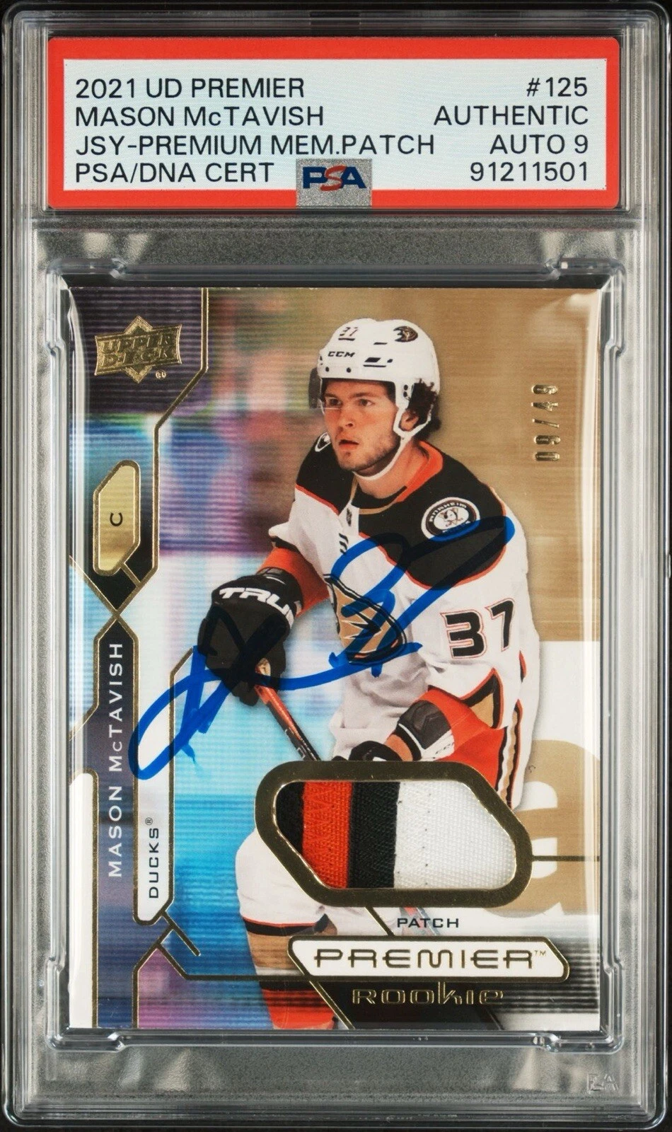 2021 UD Premier Mason McTavish Rookie Gold Mem RPA Patch /49 Psa MINT 9 AUTO RC