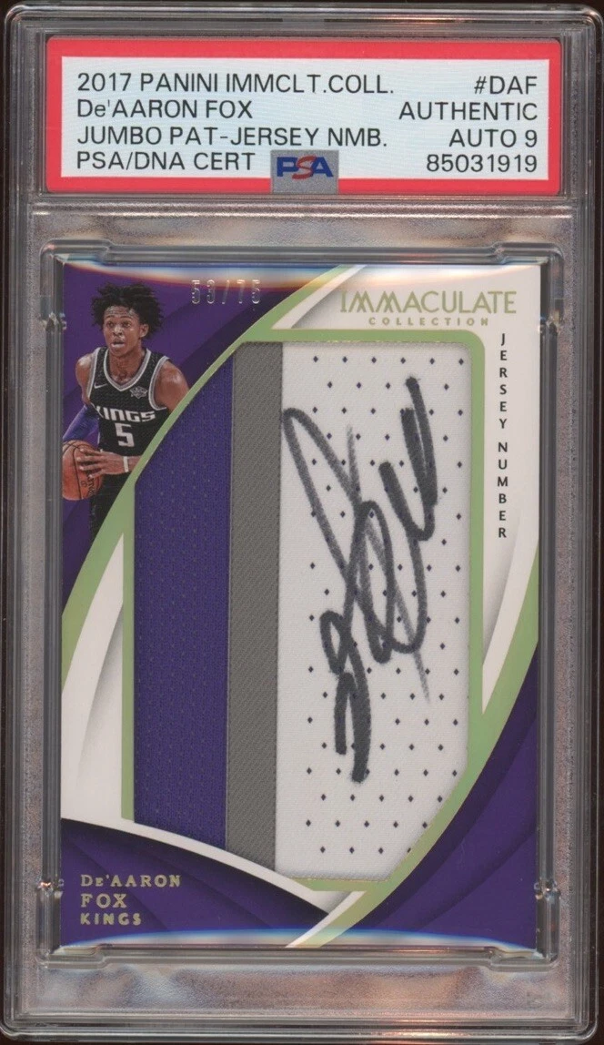 2017 Panini Immaculate De'Aaron Fox Rookie Jumbo Jersey /75 Psa MINT 9 AUTO RC