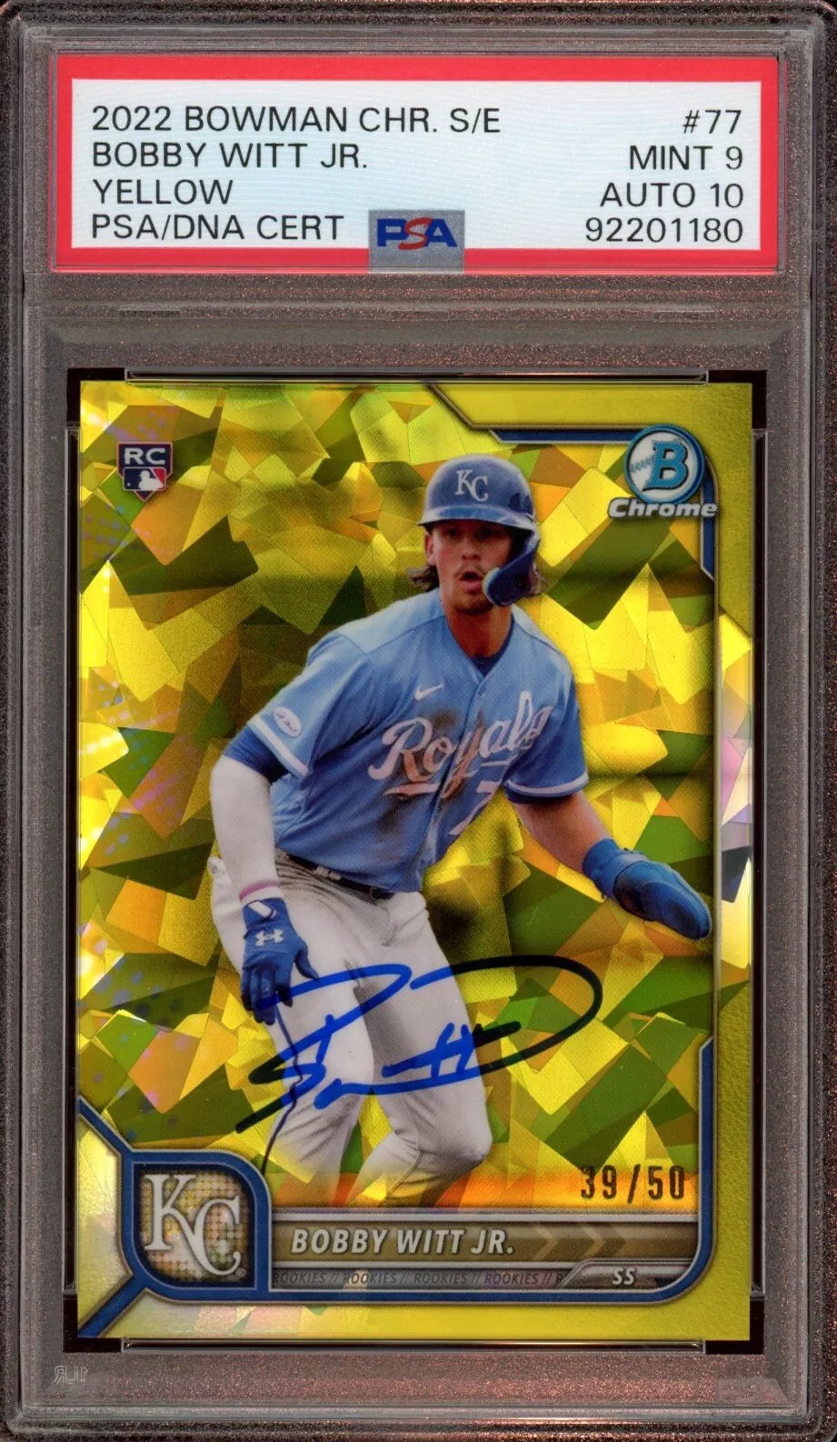 2022 Bowman Chrome Bobby Witt Jr Yellow Sapphire /50 Rookie Auto Psa MINT 9/10