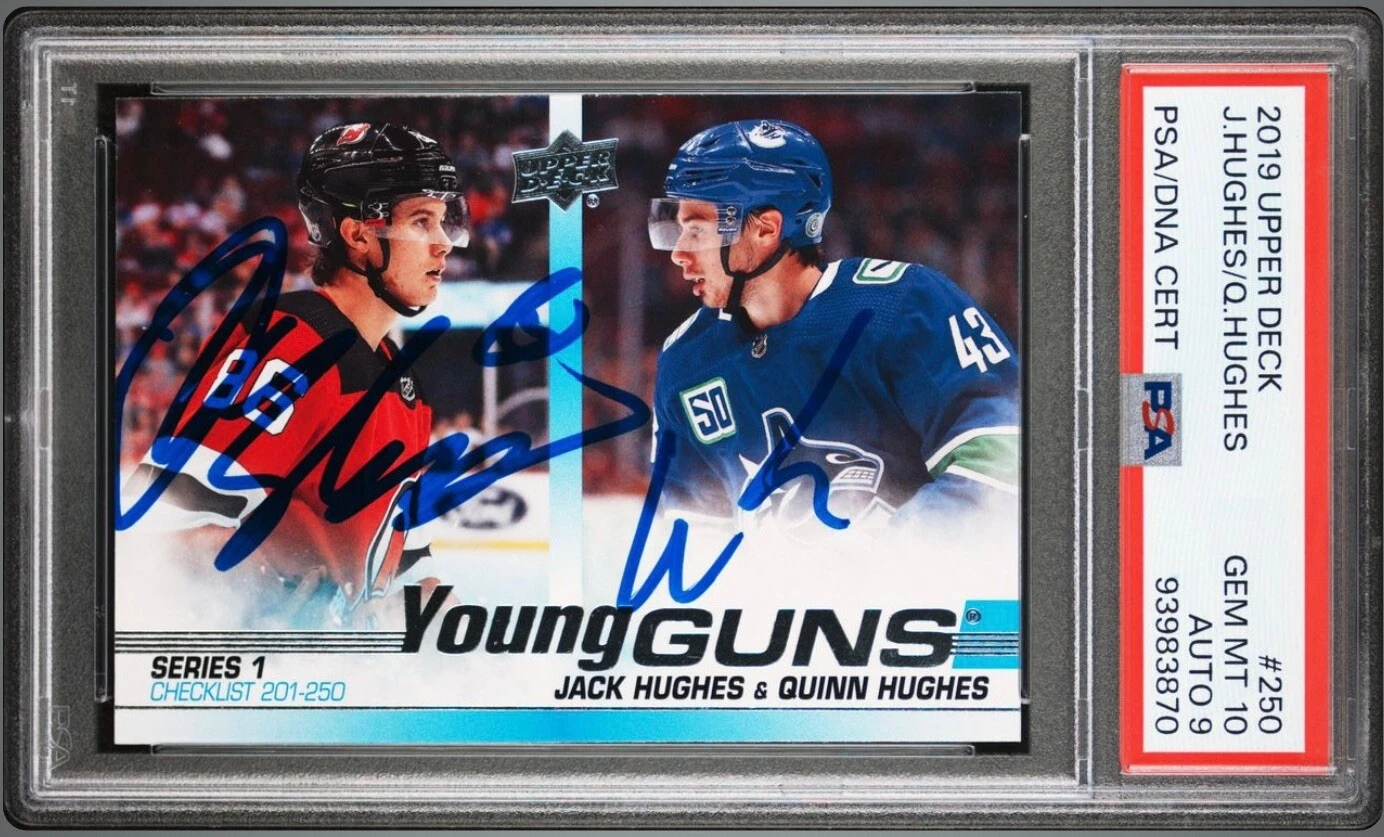 2019 Upper Deck #250 Jack Hughes & Quinn Hughes Young Guns Auto Psa GEM MT 10/9