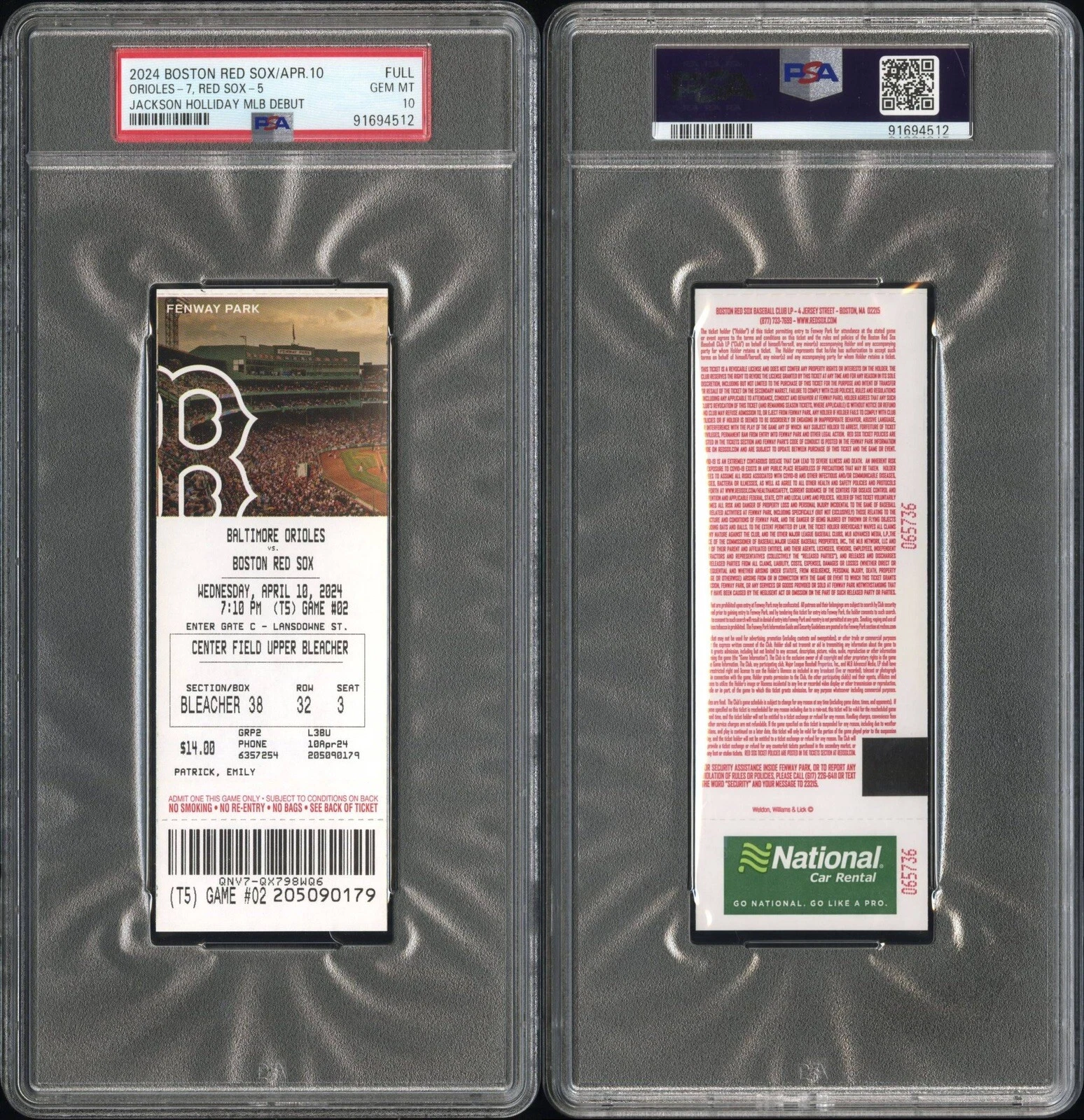 Jackson Holliday MLB DEBUT Full Ticket Stub 4/10/2024 Psa GEM MINT 10 Orioles