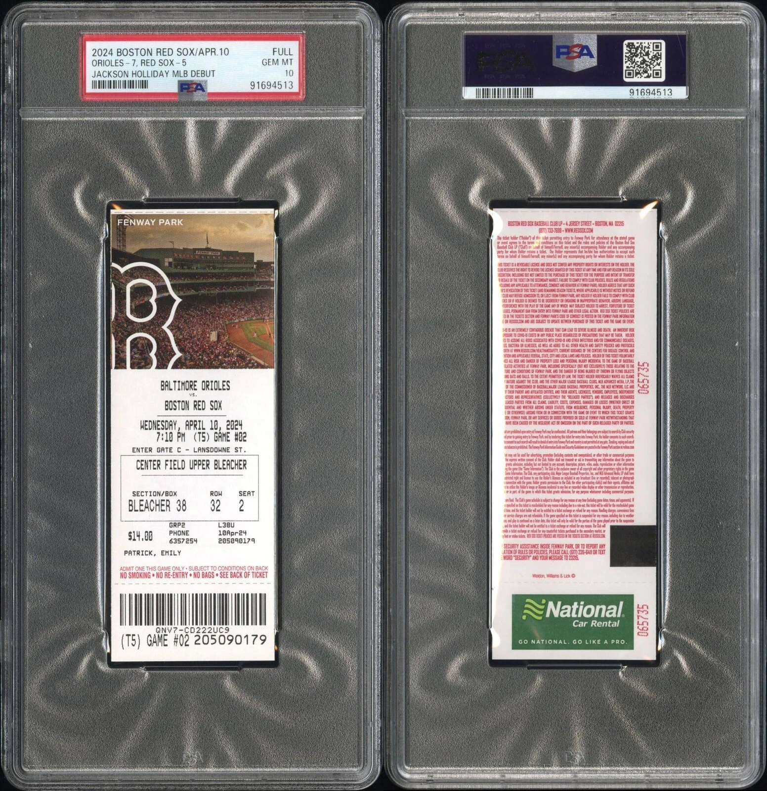 Jackson Holliday MLB DEBUT Full Ticket Stub 4/10/2024 Psa GEM MINT 10 Orioles