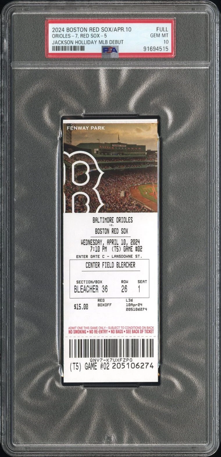 Jackson Holliday MLB DEBUT Full Ticket Stub 4/10/2024 Psa GEM MINT 10 Orioles