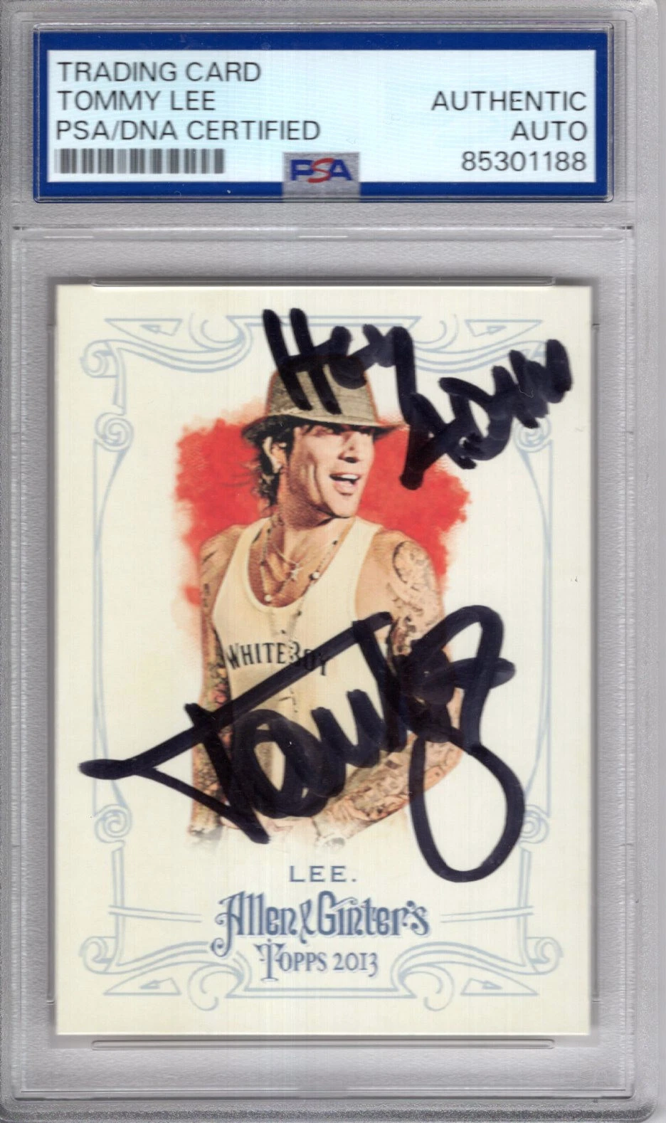 TOMMY LEE HAND SIGNED ALLEN+GINTERS TRADING CARD        PSA SLABBED      TO ADAM COLLECTIBLE MEMORABILIA