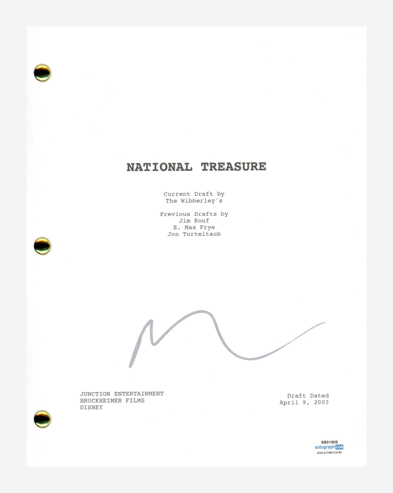Nicolas Cage NATIONAL TREASURE Signed Autograph Movie Script Screenplay