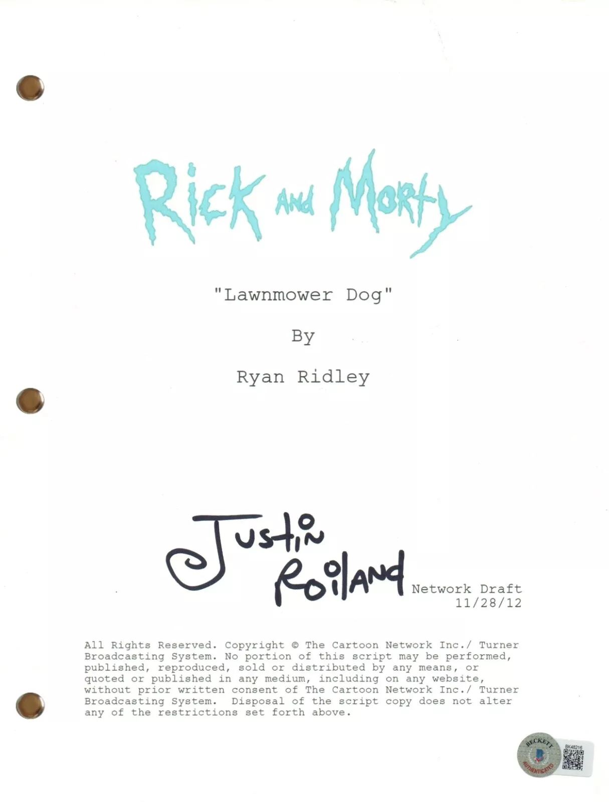 JUSTIN ROILAND Signed RICK AND MORTY Autograph Lawnmower Dog Episode Script BAS