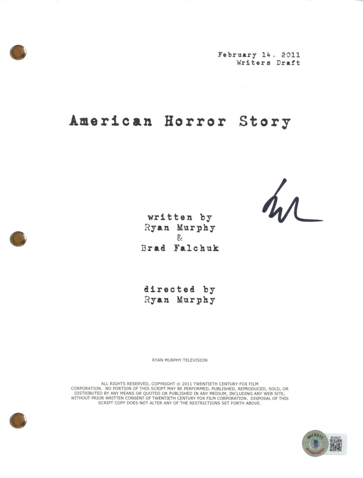 EVAN PETERS Signed AMERICAN HORROR STORY Autographed Pilot Script Screenplay BAS