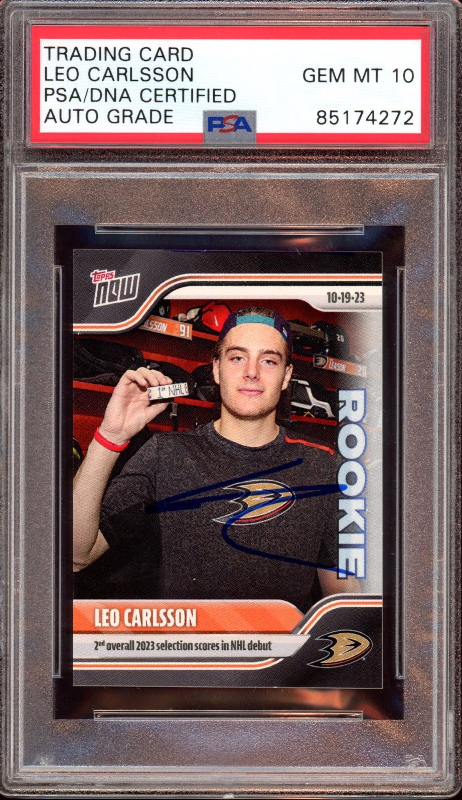 2023 NHL Topps Now #13 Leo Carlsson NHL Debut Rookie Card Psa GEM MT 10 AUTO RC