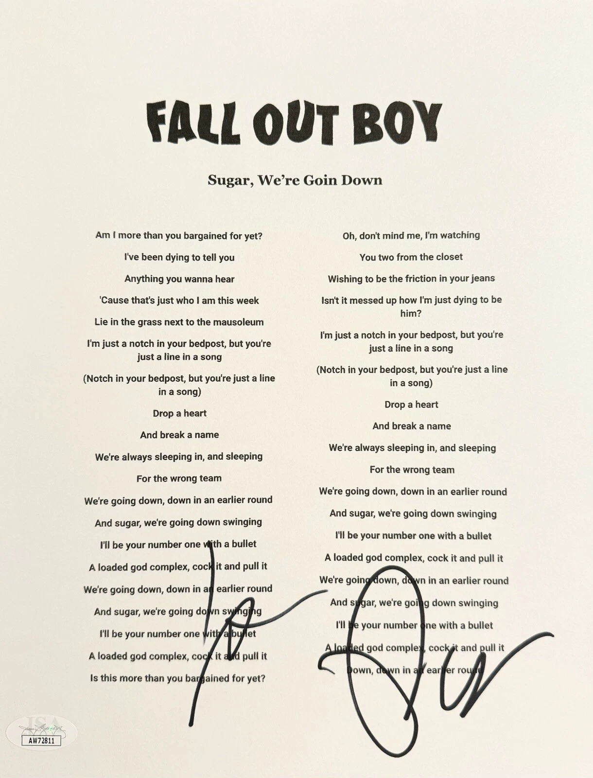 Pete Wentz & Patrick Stump Signed Sugar, We’re Goin Down Lyric Sheet JSA COA
