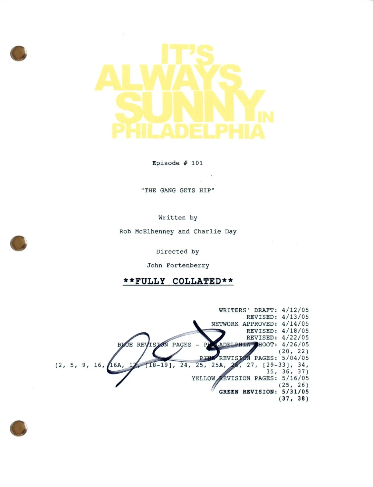 Charlie Day Signed Autograph It's Always Sunny in Philadelphia Pilot Script COA