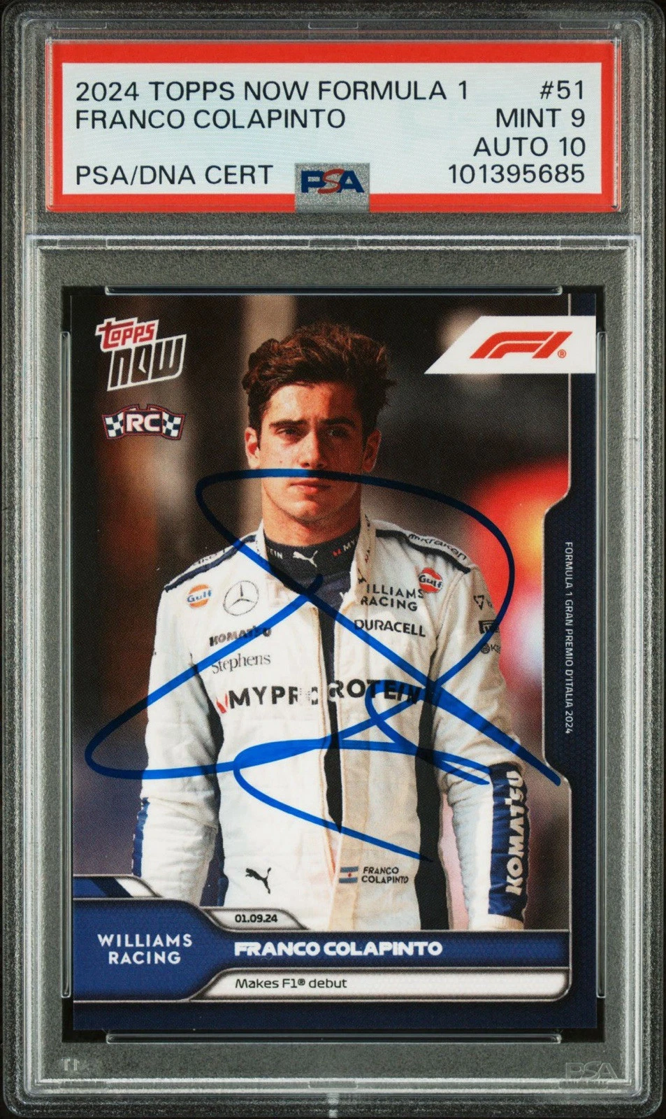 2024 Topps Now F1 #51 Franco Colapinto Debut Rookie Card Auto Psa MINT 9/GEM 10