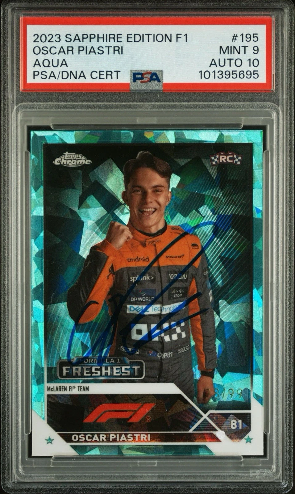 2023 Topps Chrome F1 #195 Oscar Piastri Aqua Rookie Auto /99 Psa MINT 9/10 RC