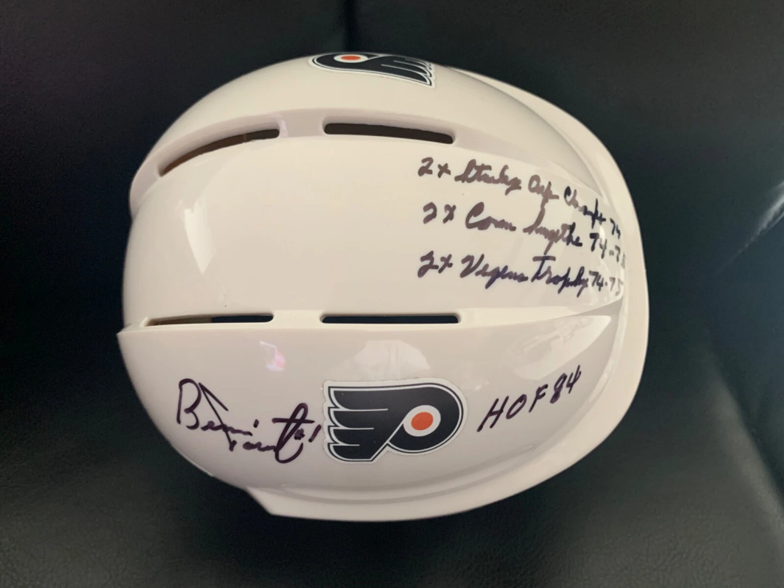 BERNIE PARENT HAND SIGNED  FLYERS HOCKEY MINI-HELMET+JSA         4 INSCRIPTIONS