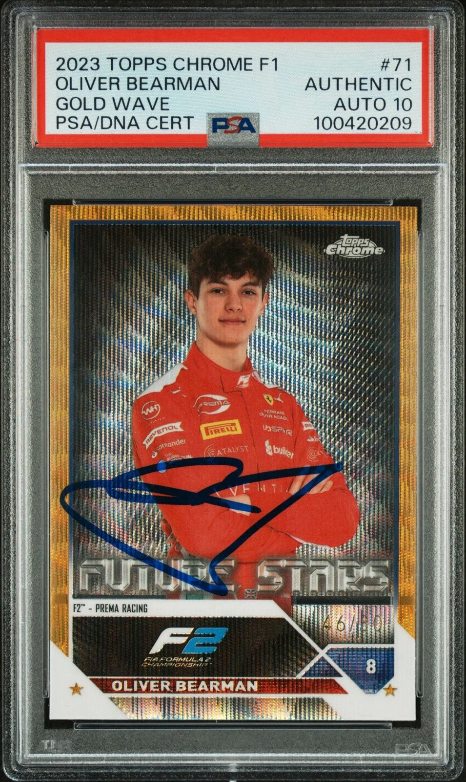 2023 Topps Chrome F1 #71 Oliver Bearman Gold Wave Rookie /50 Psa GEM MT 10 AUTO