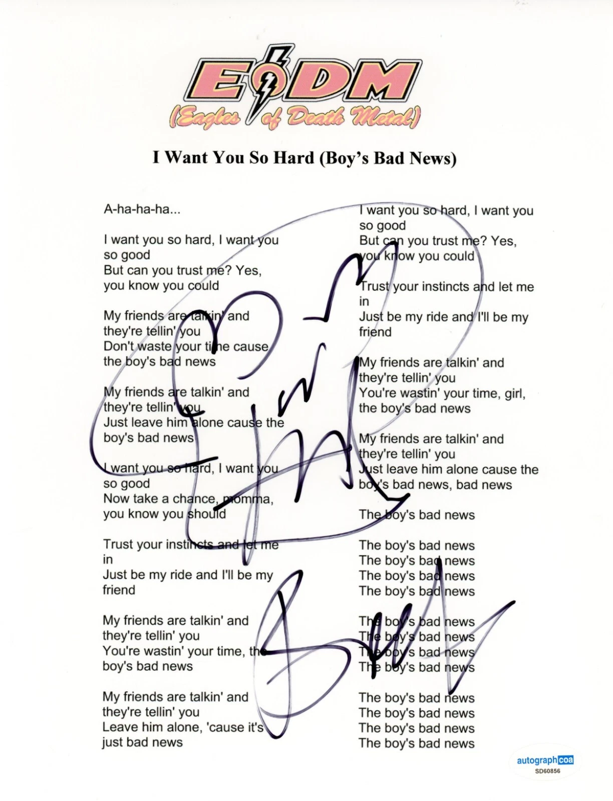 Jesse Hughes Eagles of Death Metal Signed I Want You So Hard Lyric Sheet ACOA
