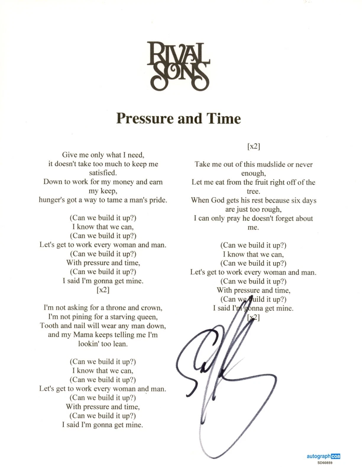 Scott Holiday RIVAL SONS Signed Pressure & Time Lyric Sheet Autograph ACOA COA