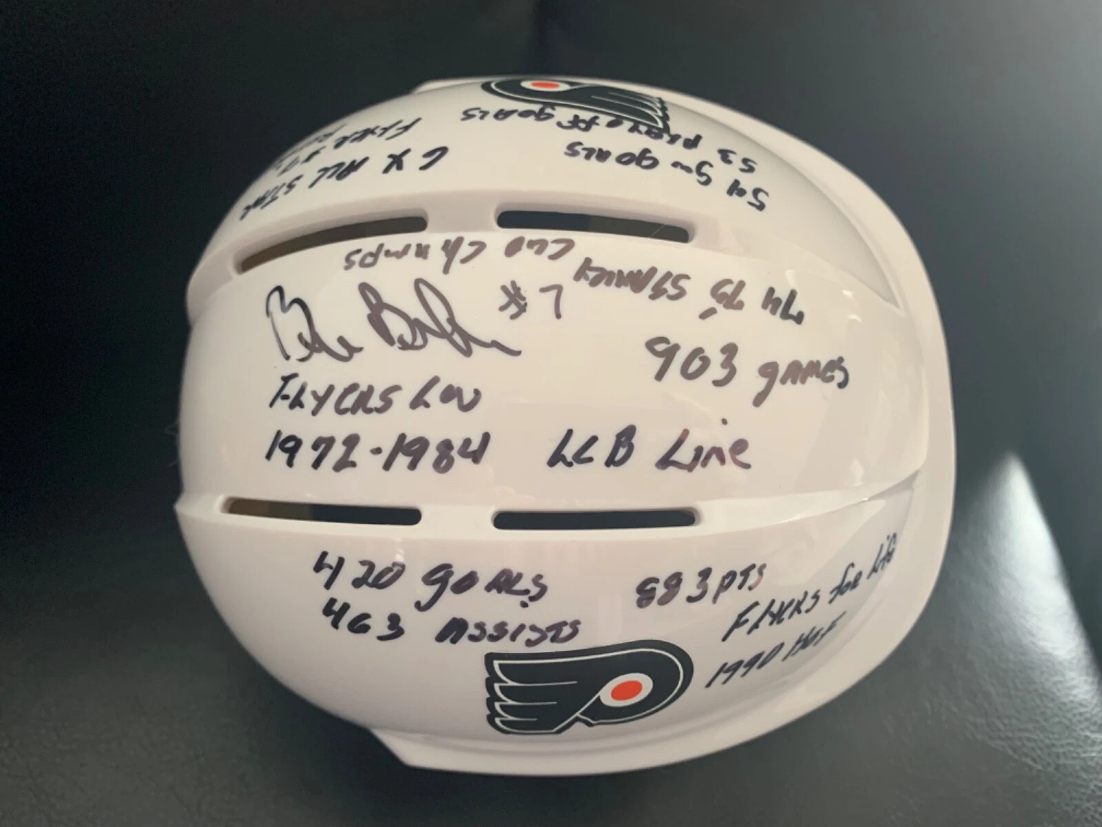 BILL BARBER HAND SIGNED FLYERS HOCKEY MINI-HELMET+JSA            13 INSCRIPTIONS