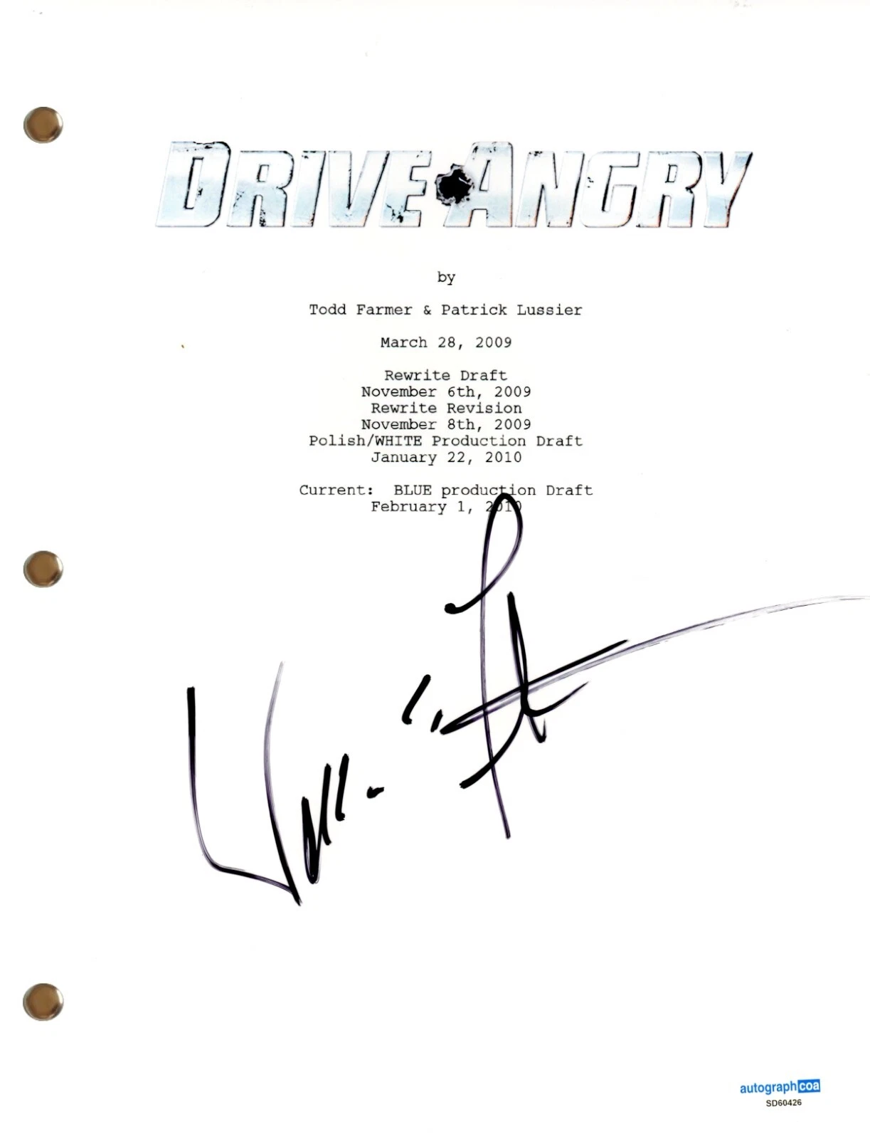 WILLIAM FICHTNER “DRIVE ANGRY” SIGNED AUTOGRAPH MOVIE SCRIPT SCREENPLAY ACOA COA COLLECTIBLE MEMORABILIA
