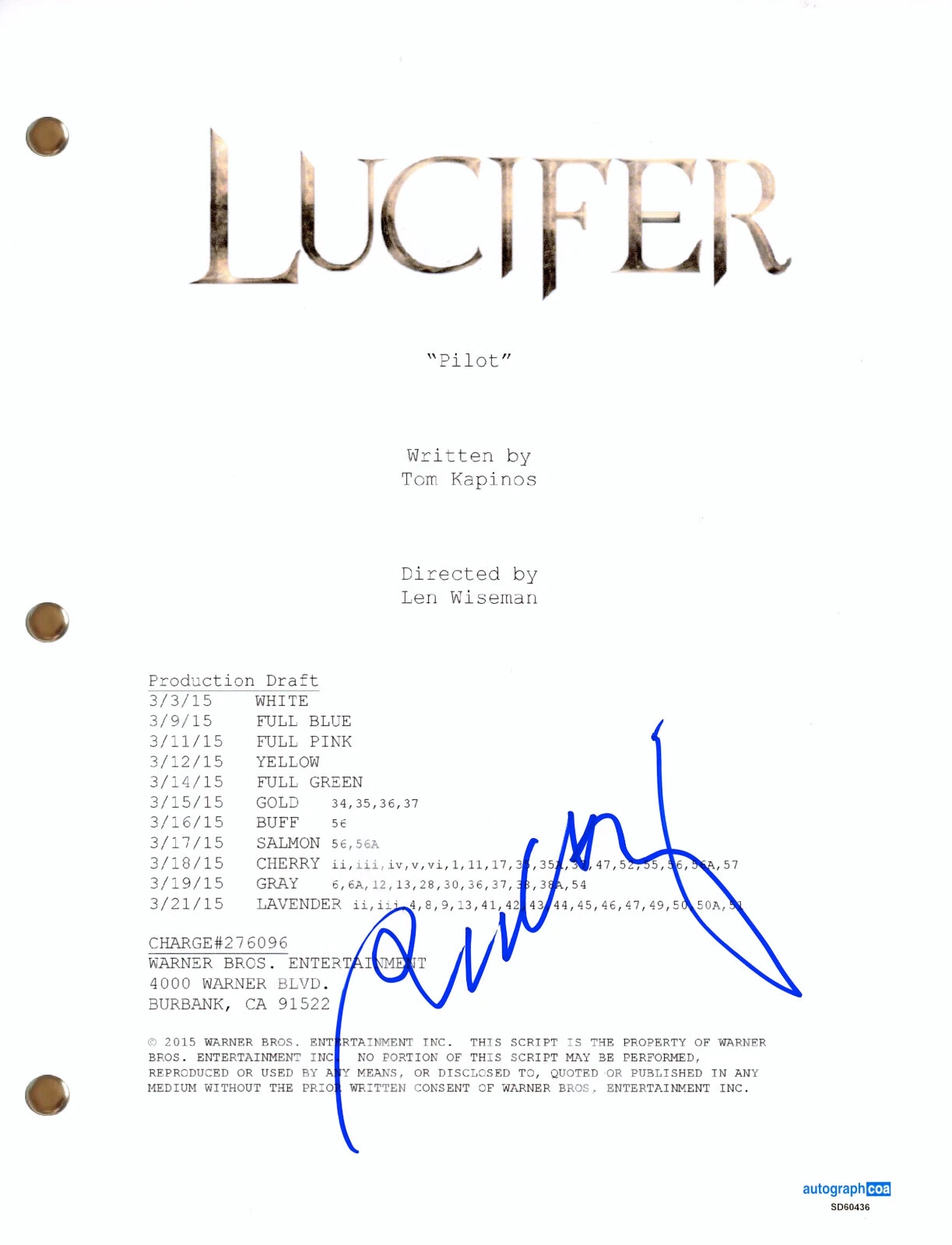 Rachael Harris “Lucifer ” Signed Autograph Full TV Pilot Script Screenplay ACOA
