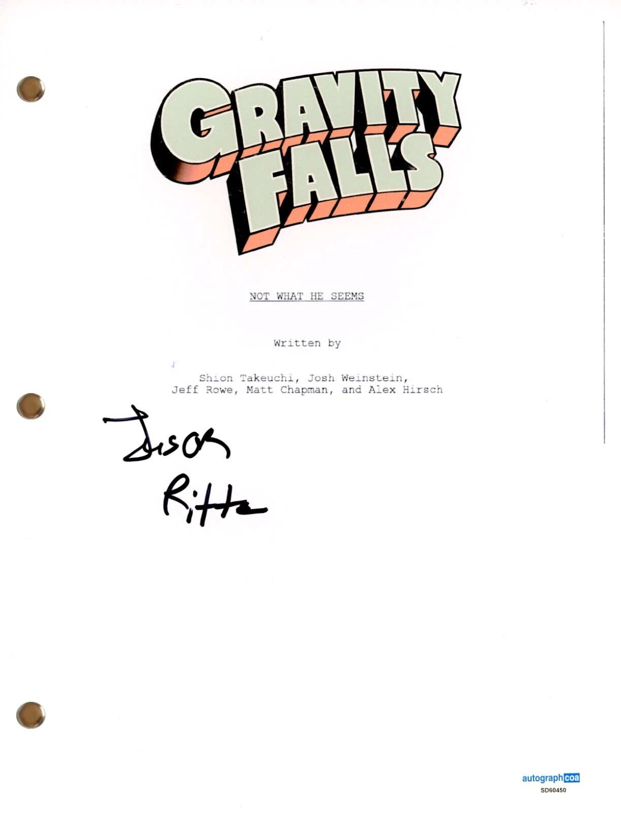 Jason Ritter “Gravity Falls” Signed Autograph TV Episode Script Screenplay ACOA