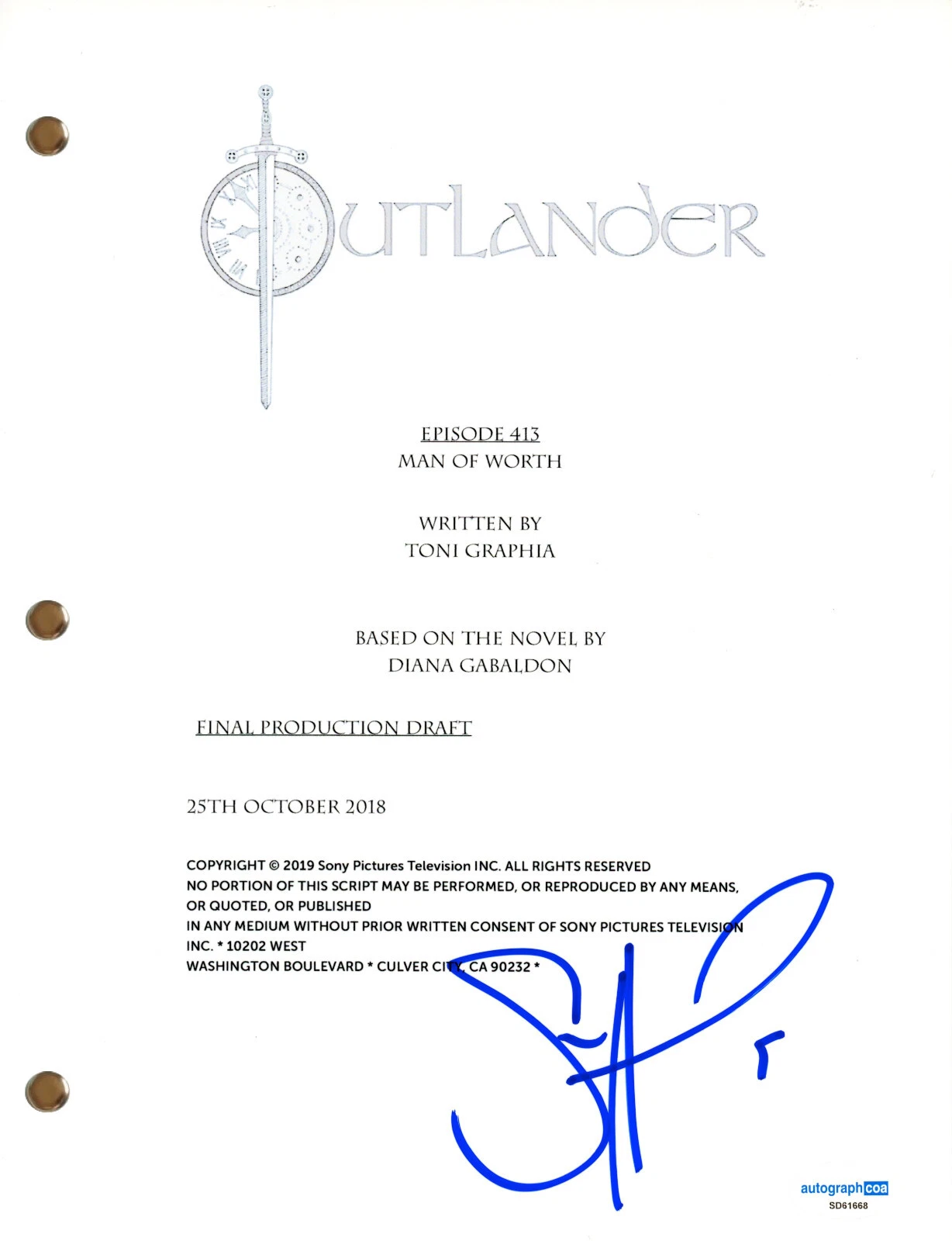 Sam Heughan “Outlander” Signed Autograph “Man of Worth” Full Episode Script ACOA