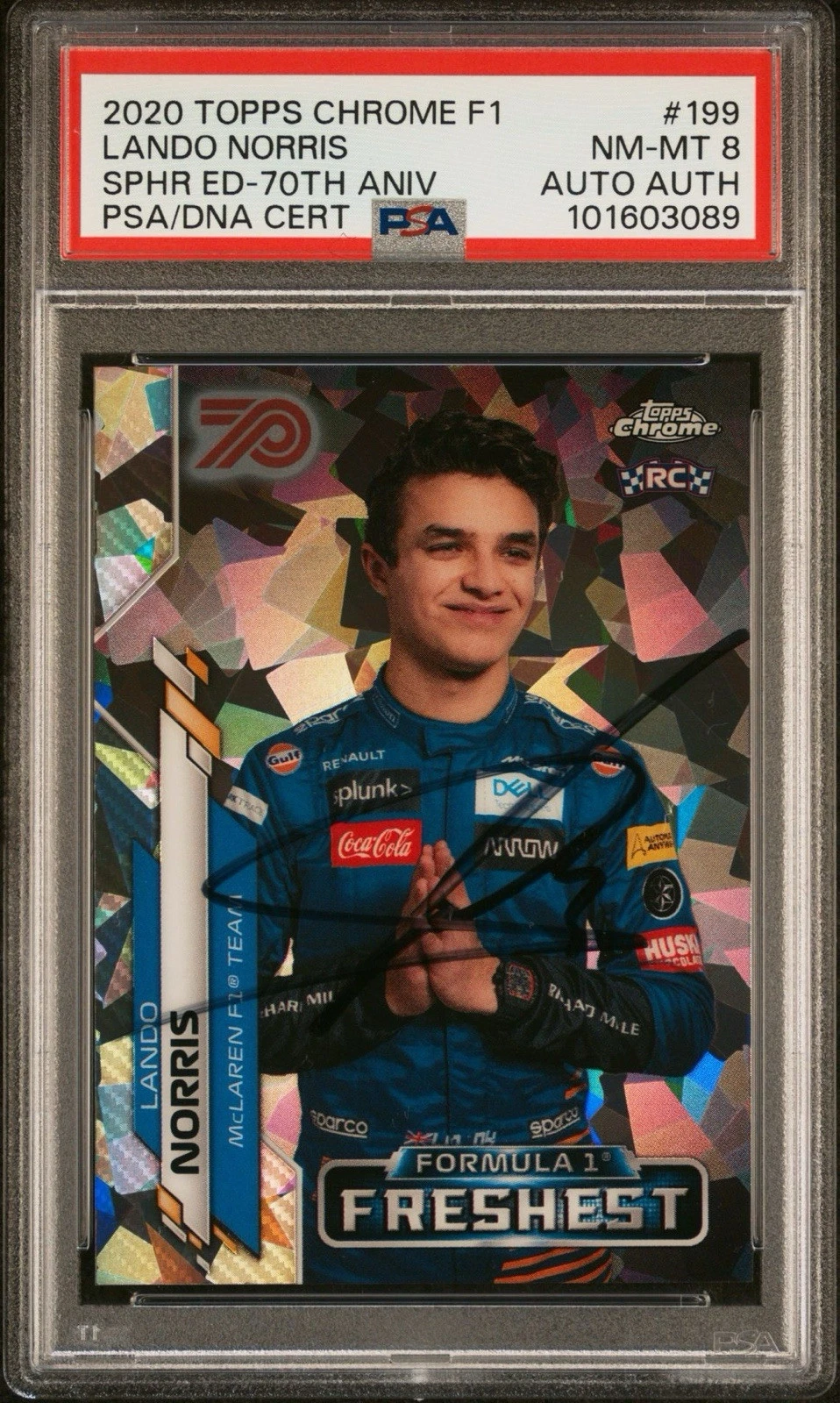 2020 Topps Chrome F1 #199 Lando Norris Sapphire ED 70th Rookie Auto /70 PSA 8 RC