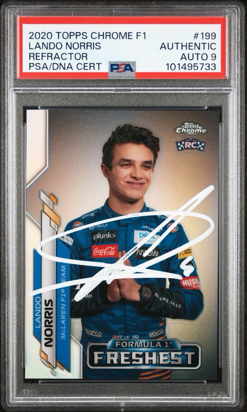 2020 Topps Chrome F1 #199 Lando Norris Refractor Rookie Card PSA MINT 9 AUTO RC