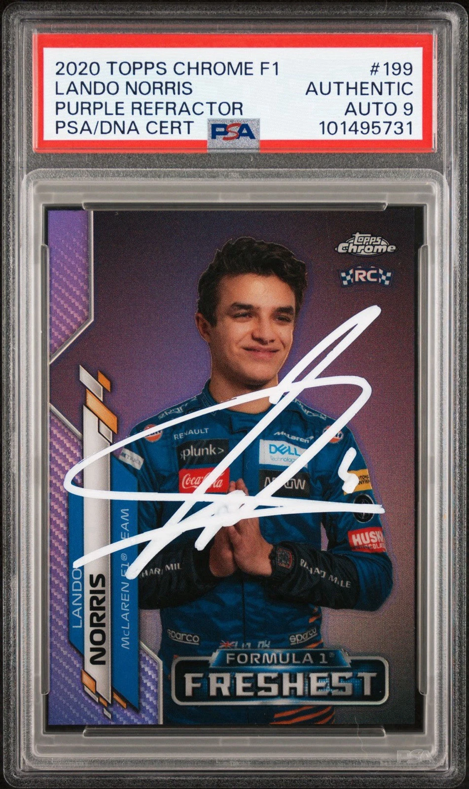 2020 Topps Chrome F1 #199 Lando Norris Purple Ref /399 Rookie PSA MINT 9 AUTO RC