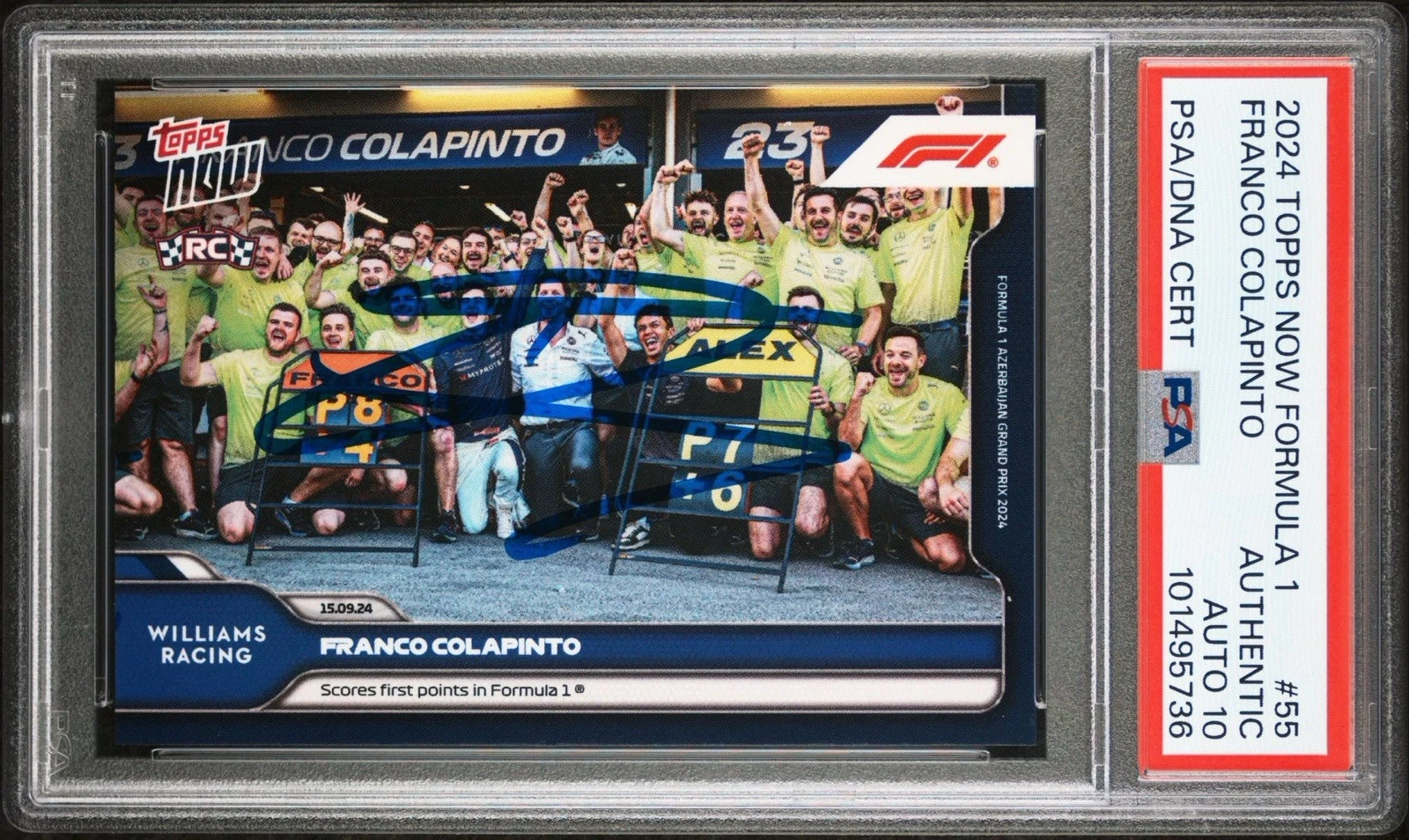 2024 Topps Now F1 #55 Franco Colapinto Rookie 1st Points Card Psa GEM MT 10 AUTO