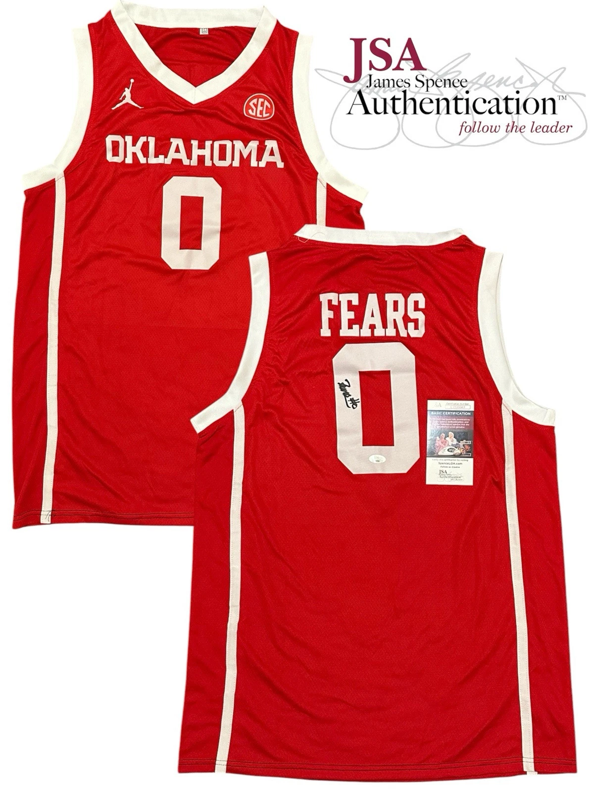 Jeremiah Fears Signed Oklahoma Sooners #0 Jersey JSA AUTO Boomer OU PELICANS NBA