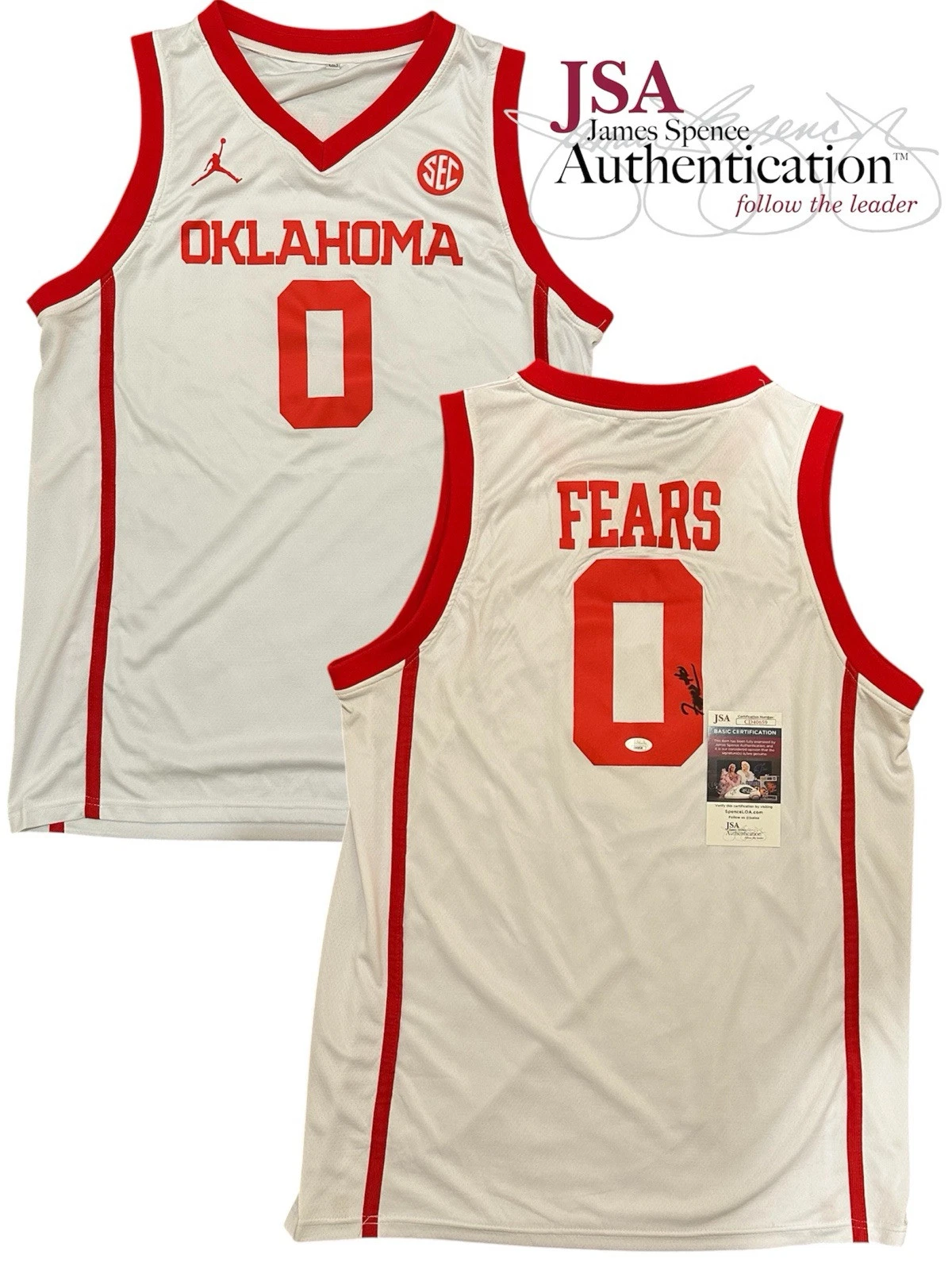 Jeremiah Fears Signed Oklahoma Sooners #0 Jersey JSA AUTO Boomer OU PELICANS NBA