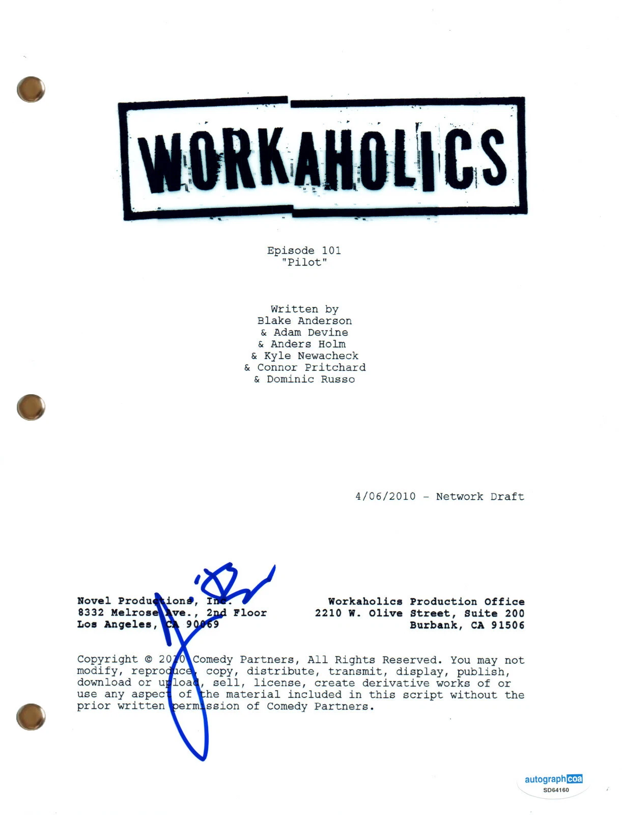 Jillian Bell “Workaholics” Signed Autograph Full Pilot Script TV Screenplay ACOA