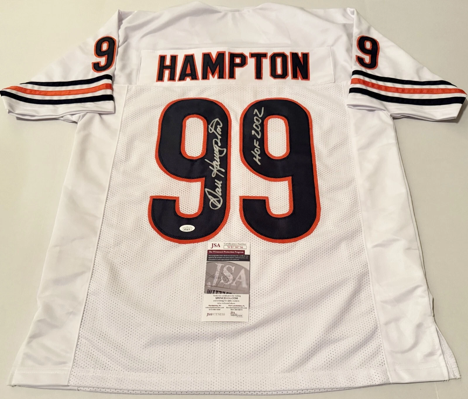 Dan Hampton Chicago Bears signed White Custom jersey W HOF Inscrip JSA Witnessed