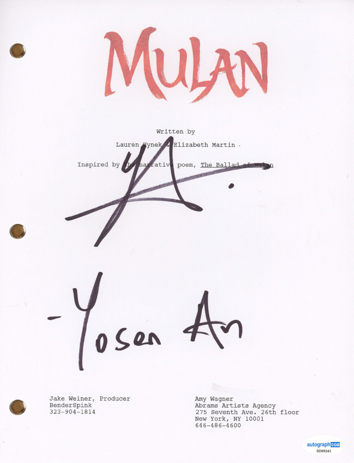 YOSON AN “MULAN” SIGNED AUTOGRAPH FULL MOVIE SCRIPT SCREENPLAY 2020 FILM ACOA COLLECTIBLE MEMORABILIA