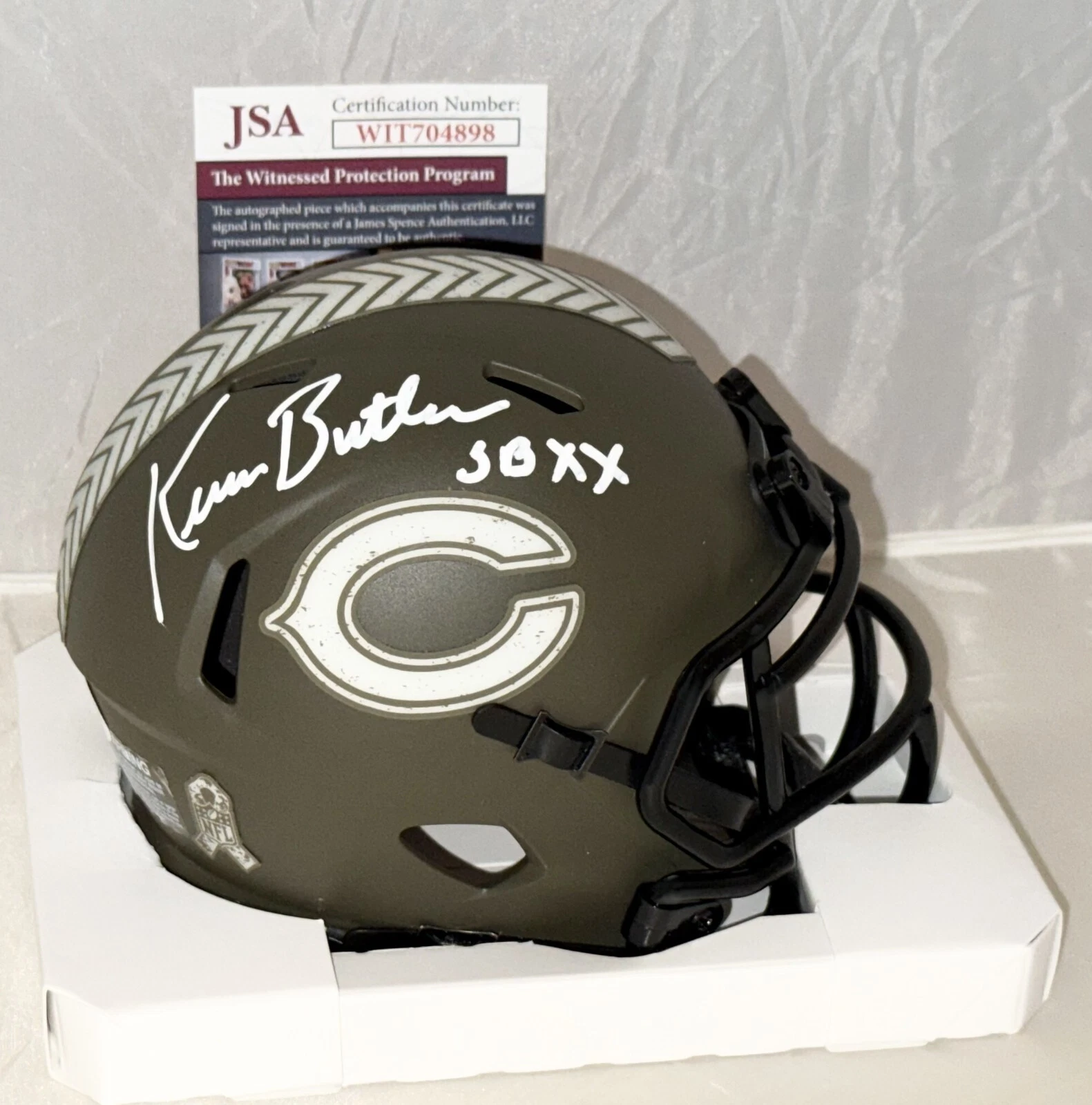 Kevin Butler signed Chicago Bears Salute To Service mini helmet JSA Witnessed