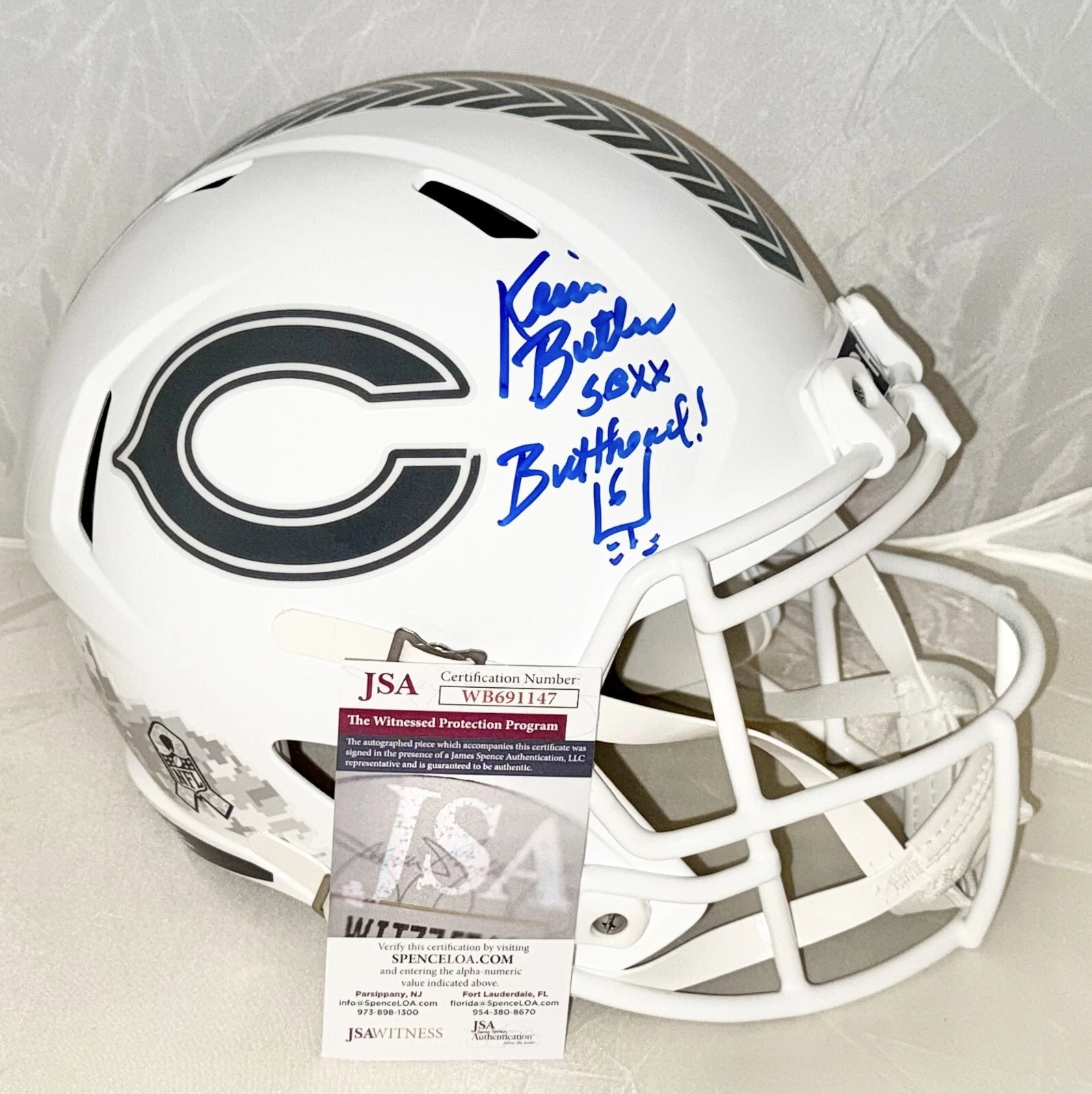 Kevin Butler signed Chicago Bears Salute To Service Full Size Helmet #2 JSA Witn