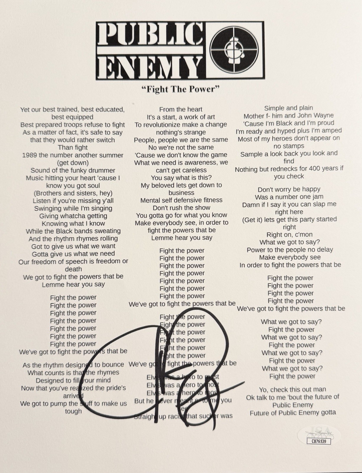 Chuck D Signed Autographed Public Enemy Fight The Power Lyric Sheet JSA COA