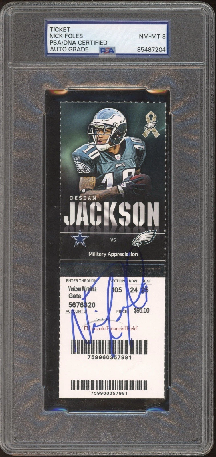 Nick Foles Signed NFL DEBUT + 1st TD 11/11/2012 Ticket Stub PSA 8 AUTO EAGLES