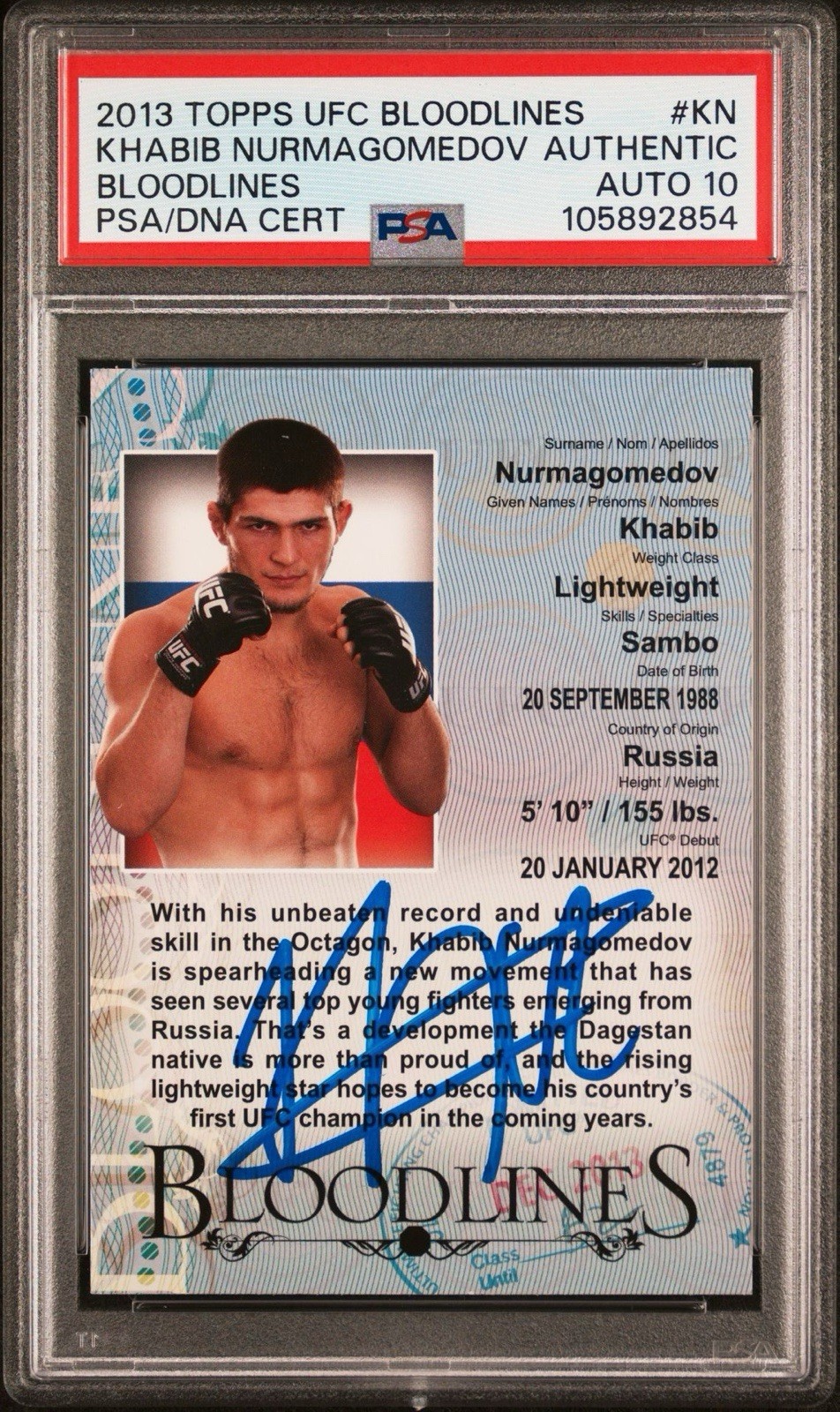 2013 Topps UFC #KN Khabib Nurmagomedov Bloodlines Rookie PSA GEM MINT 10 AUTO RC