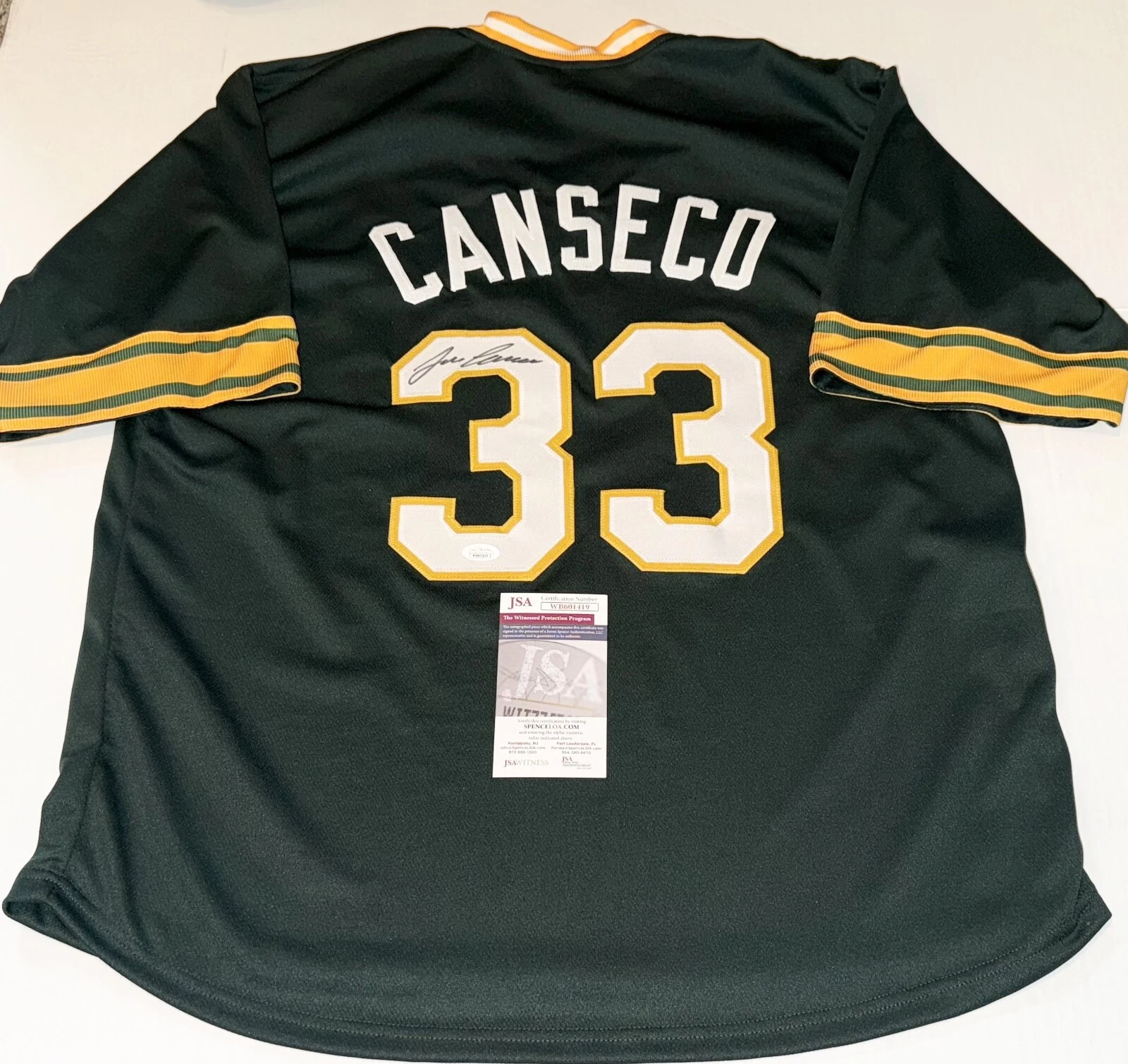Jose Canseco signed Green Oakland A's Custom jersey autographed JSA Witnessed