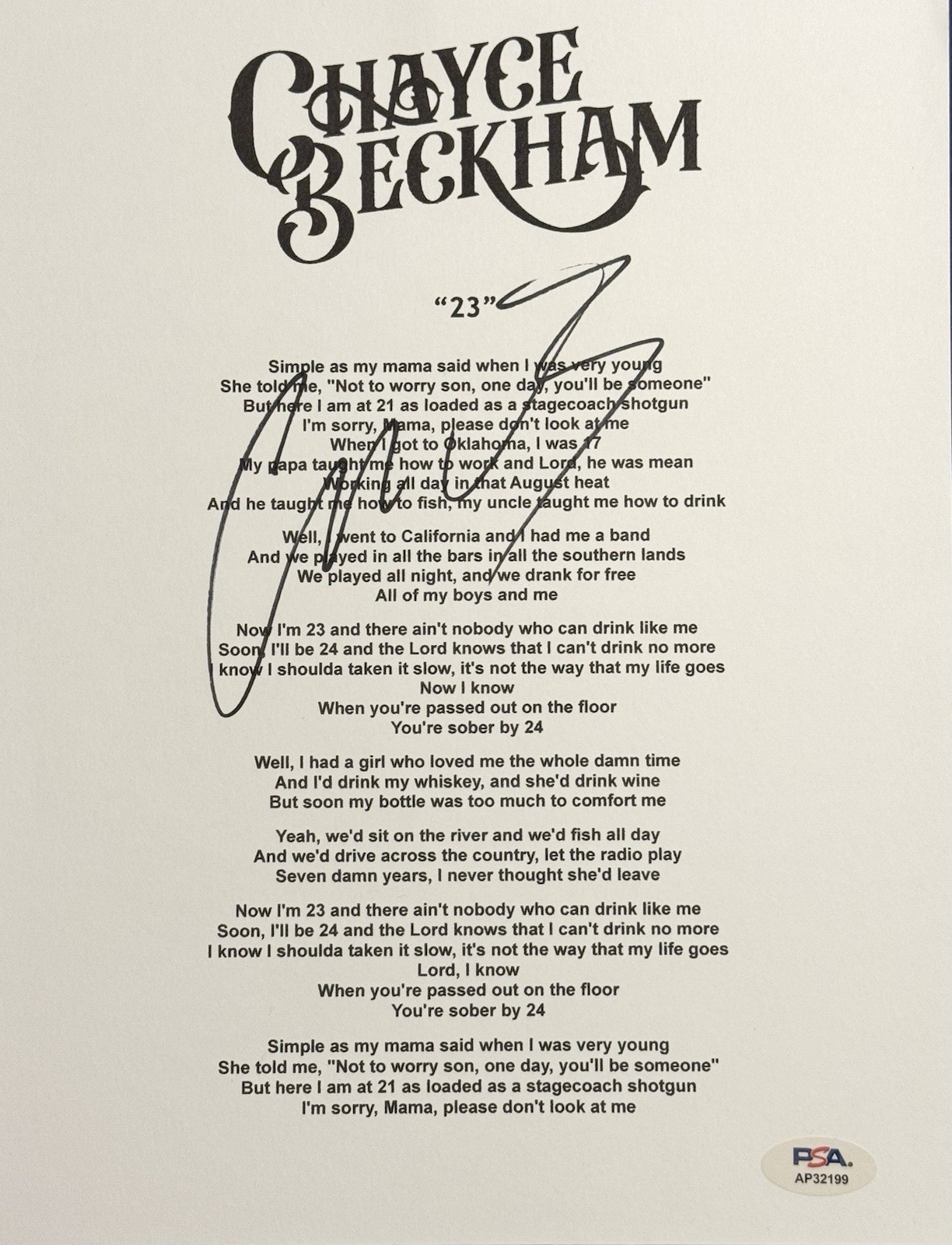 Chayce Beckham Signed Autographed “23” Lyric Sheet PSA/DNA COA