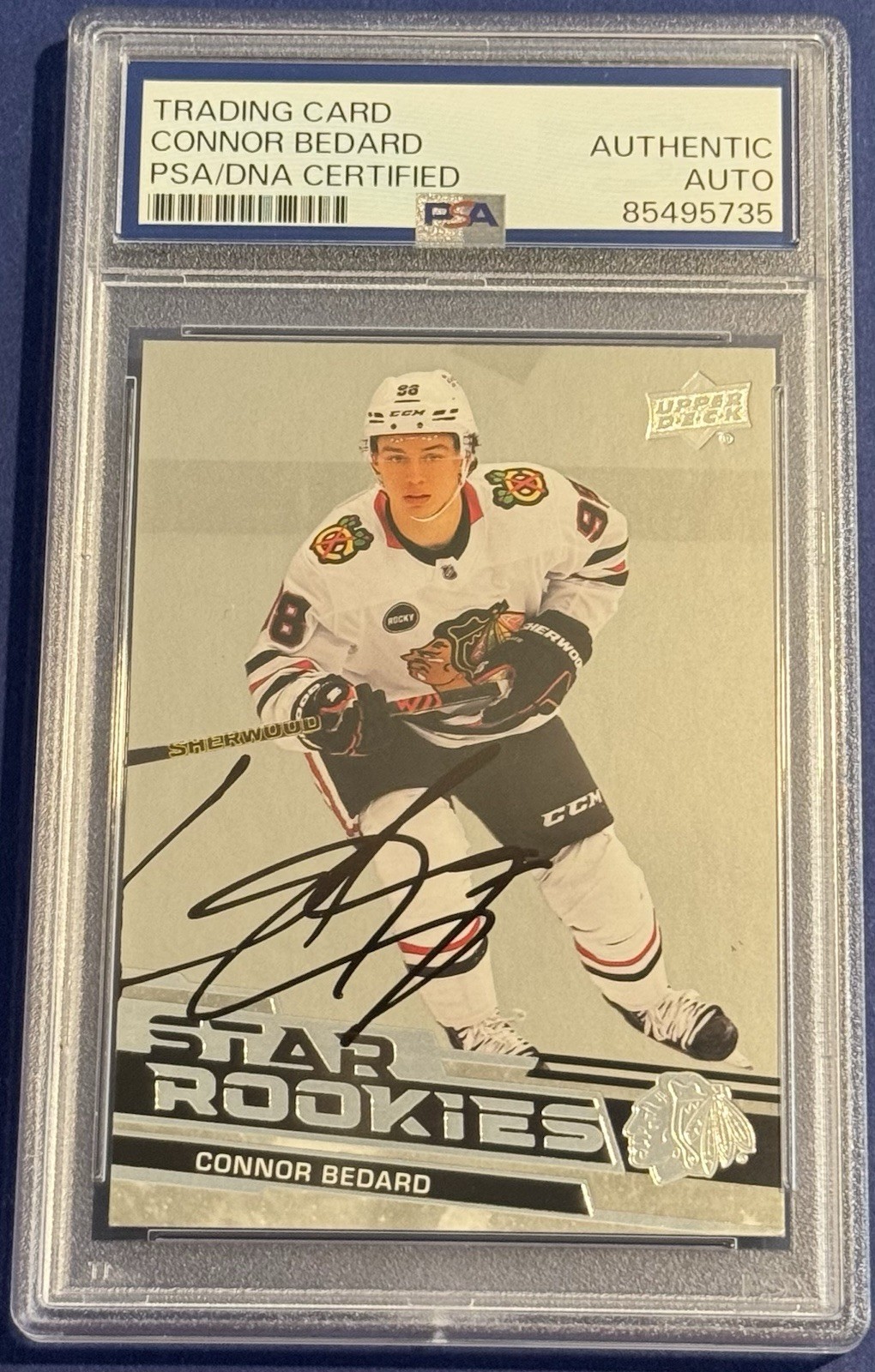 Connor Bedard Signed 2023-24 Upper Deck Star Rookie Card Blackhawks PSA/DNA Slab