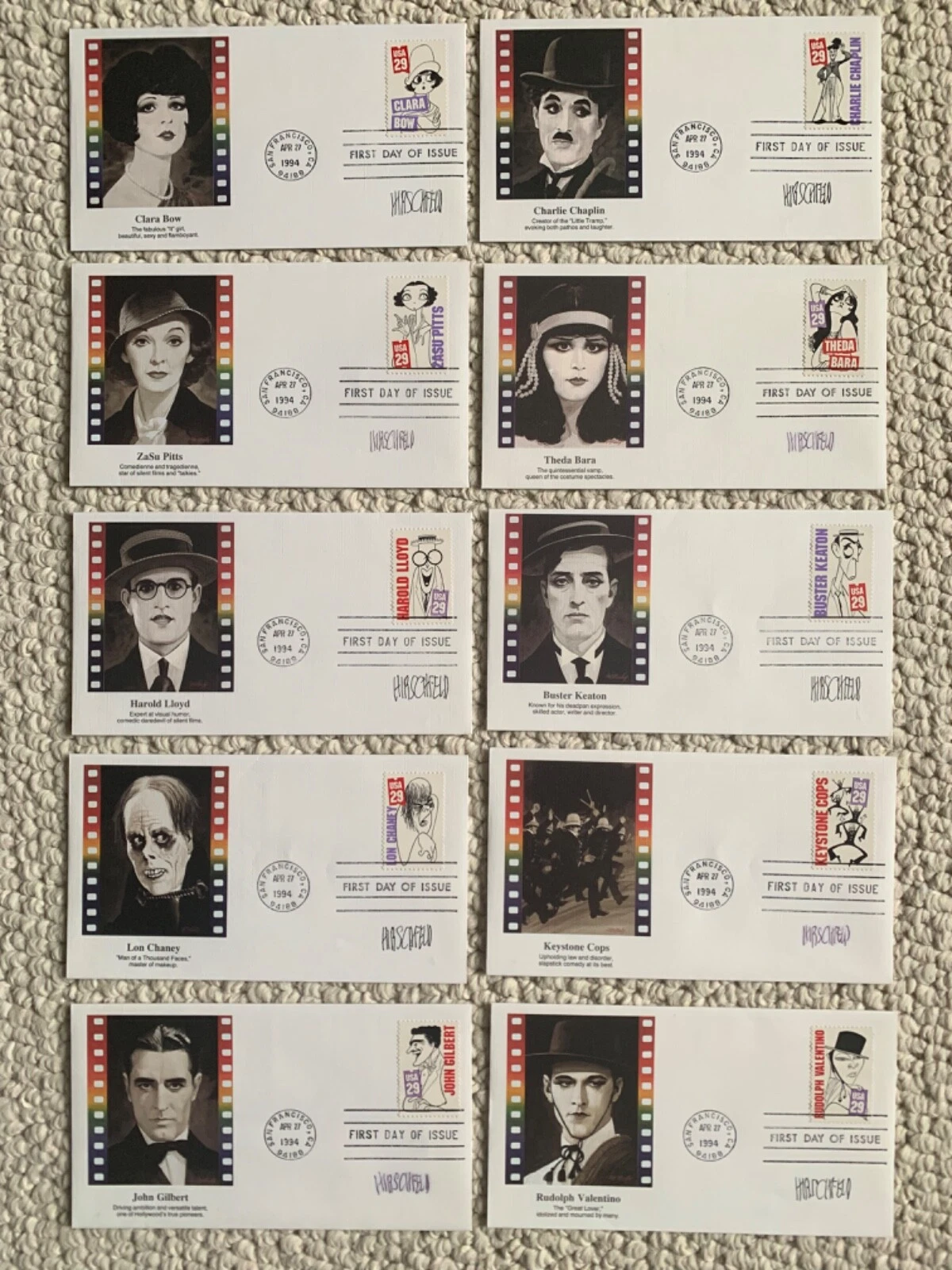 HIRSCHFELD HAND SIGNED LOT OF 10 SILENT STARS FIRST DAY COVERS+JSA LETTER   RARE