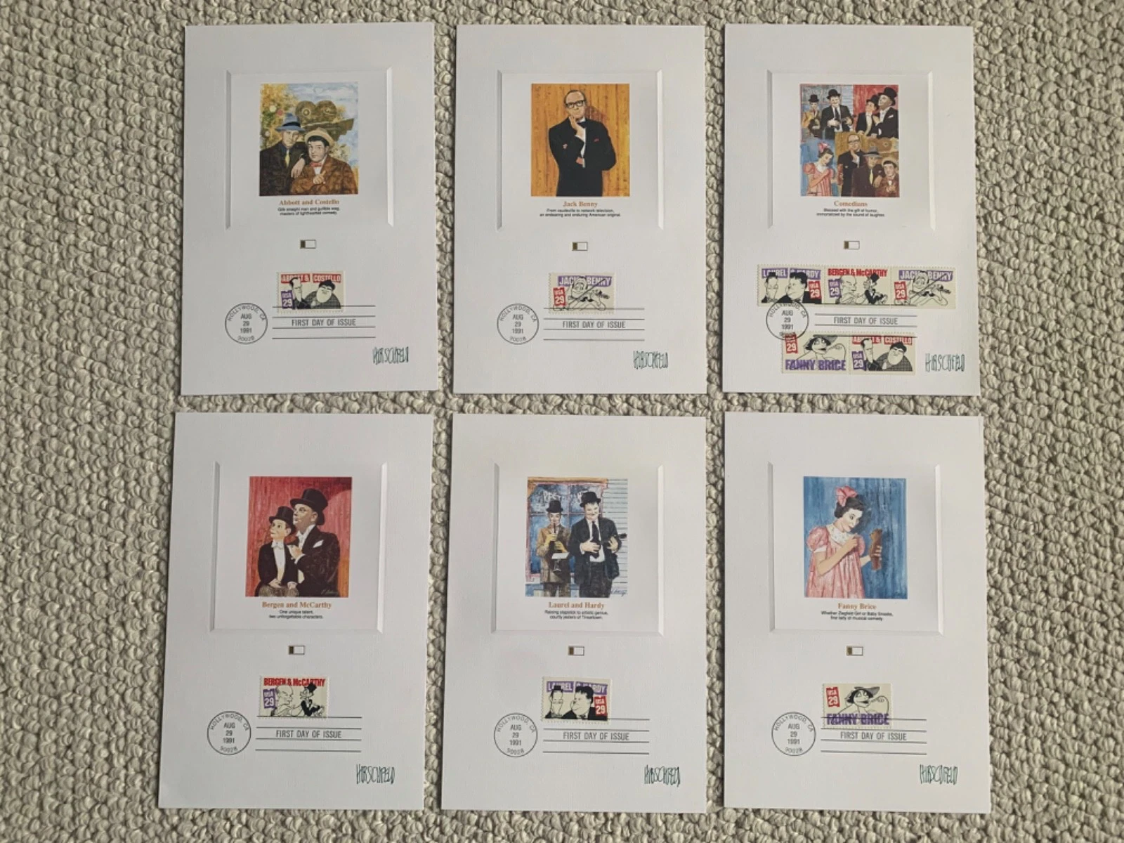 HIRSCHFELD HAND SIGNED LOT OF 6 COMEDIANS FIRST DAY COVER CARDS+JSA LETTER  RARE
