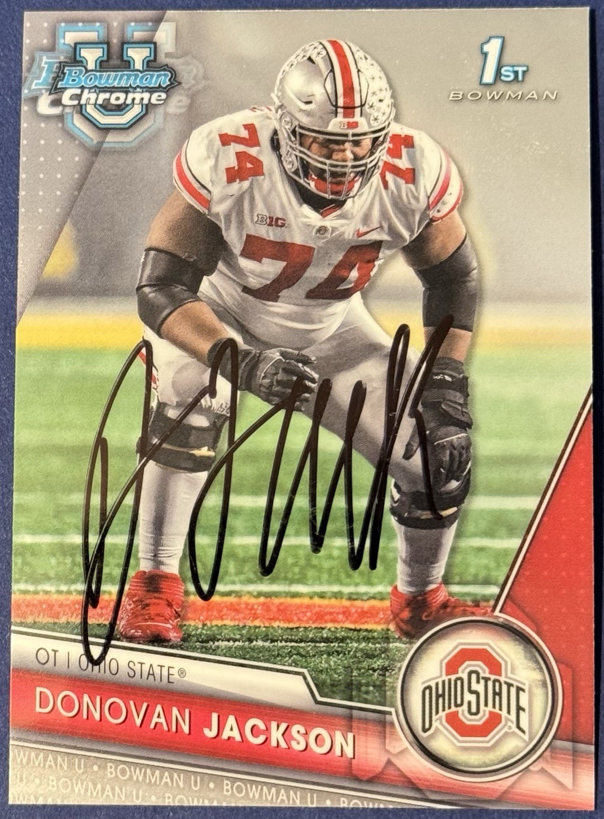 Donovan Jackson Signed Ohio State 2023 Bowman Chrome U Rookie Card BAS Beckett