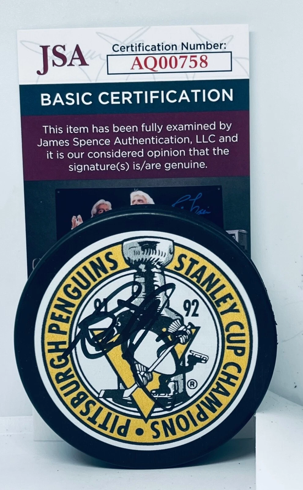 Bryan Trottier signed Pittsburgh Penguins 1992 Stanley Cup Champs Puck JSA COA