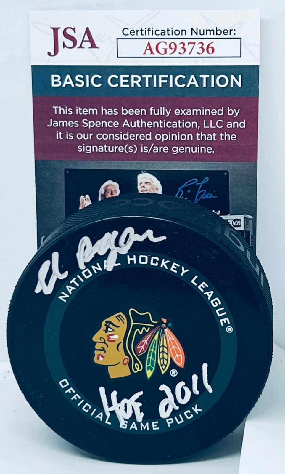 Ed Belfour signed Chicago Blackhawks Game Puck autographed W/ HOF Inscrip JSA