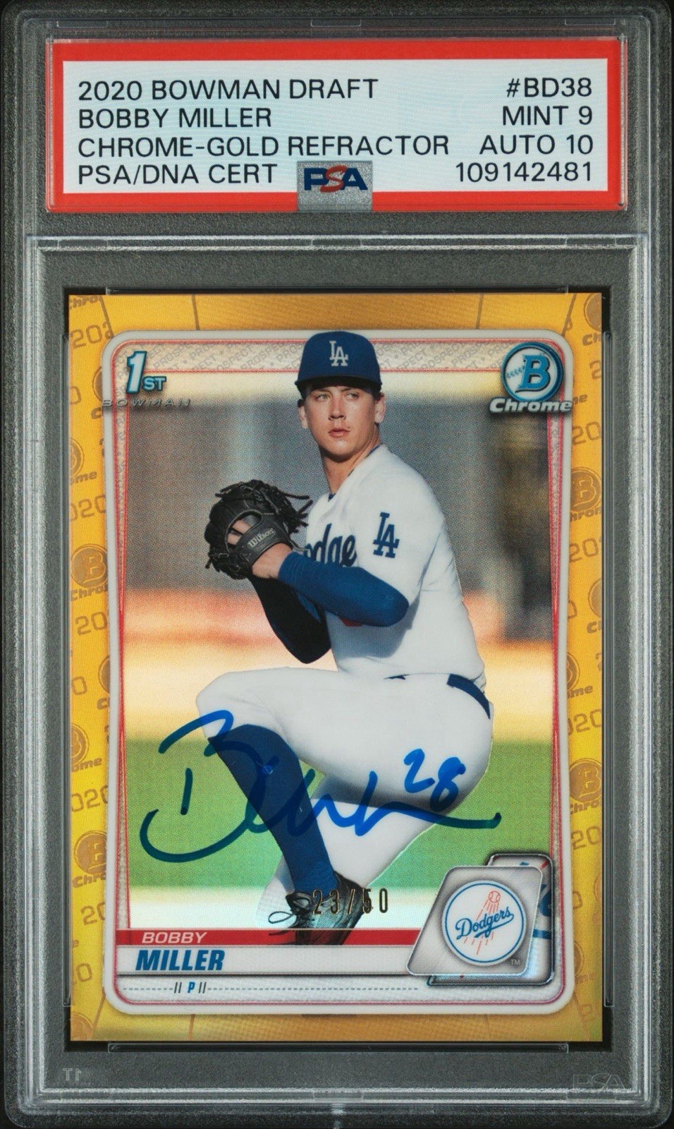 2020 BOWMAN CHROME DRAFT BOBBY MILLER GOLD REFRACTOR AUTO /50 PSA MINT 9/GEM 10 COLLECTIBLE MEMORABILIA