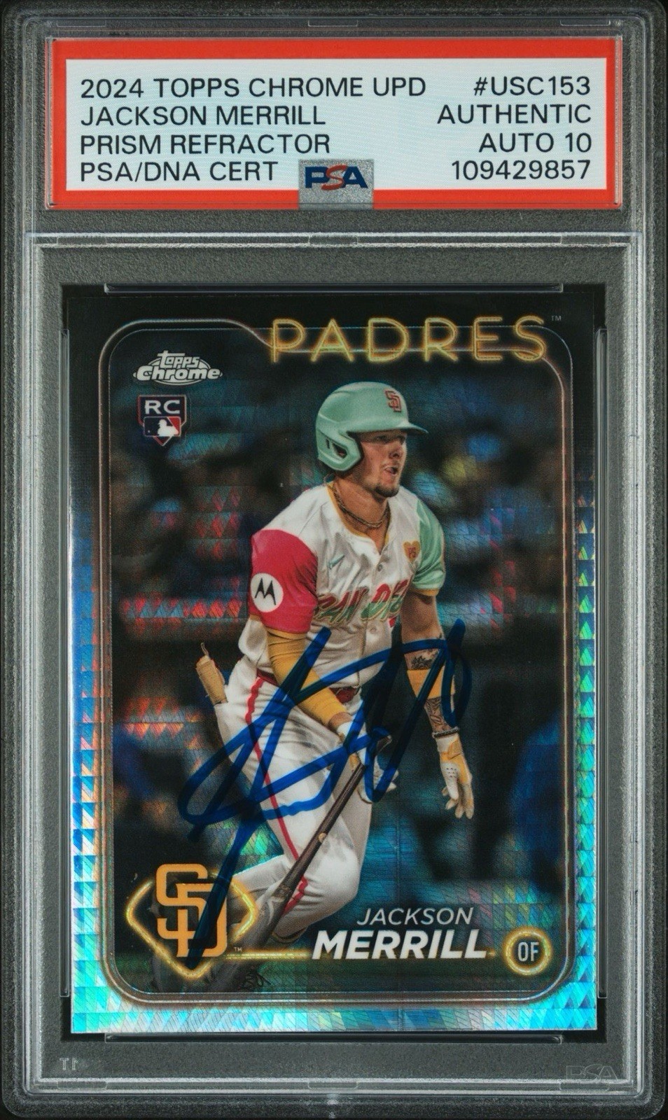 2024 Topps Chrome Jackson Merrill Prism Refractor Rookie PSA GEM MINT 10 AUTO RC
