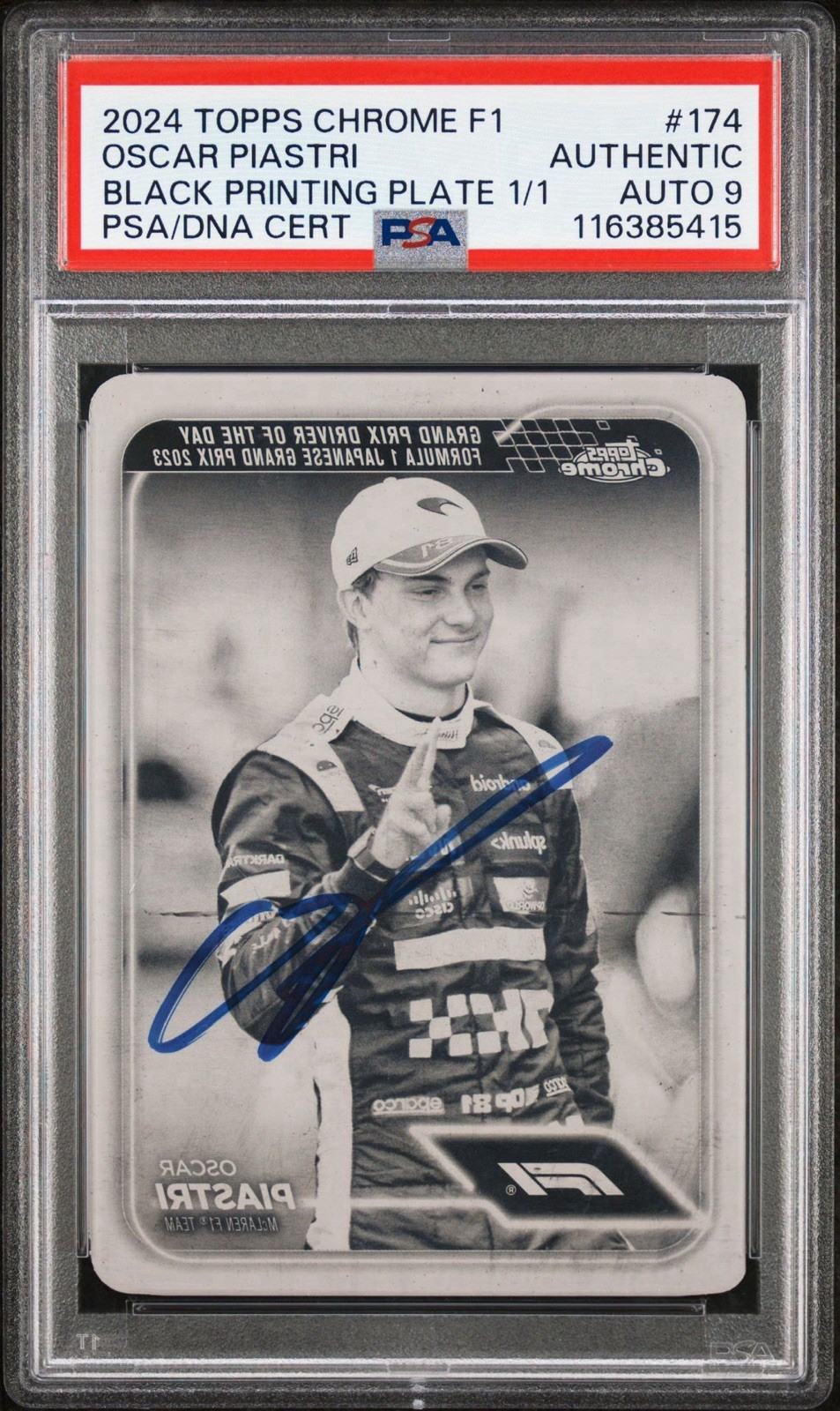 2024 Topps Chrome F1 #174 Oscar Piastri Black Printing Plate 1/1 PSA MINT 9 AUTO